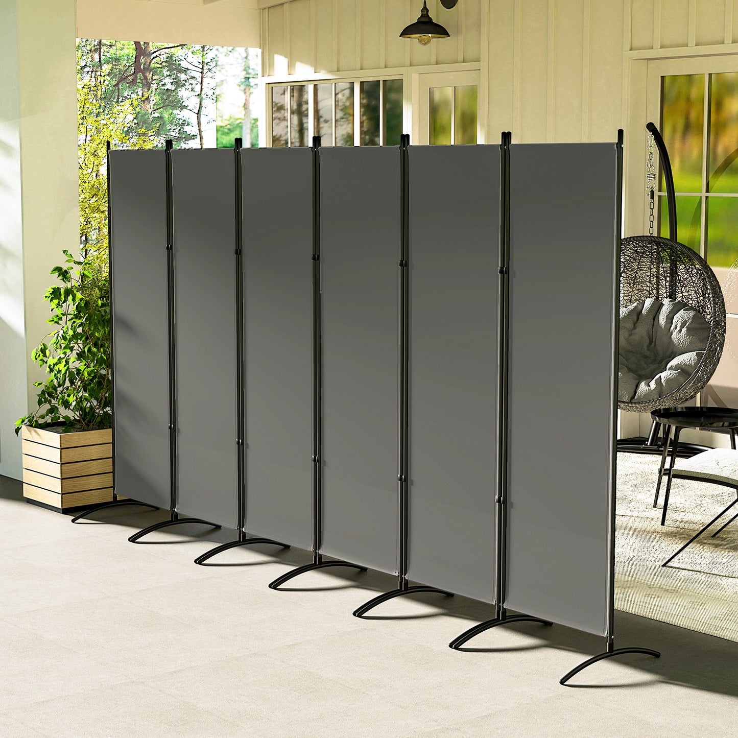 6 Panel Folding Outdoor Privacy Screen, 5.7FT Tall Room Divider with UV30+ Protection, Freestanding Privacy Panel Partition with Stable Base for Indoor Outdoor, Dark Grey