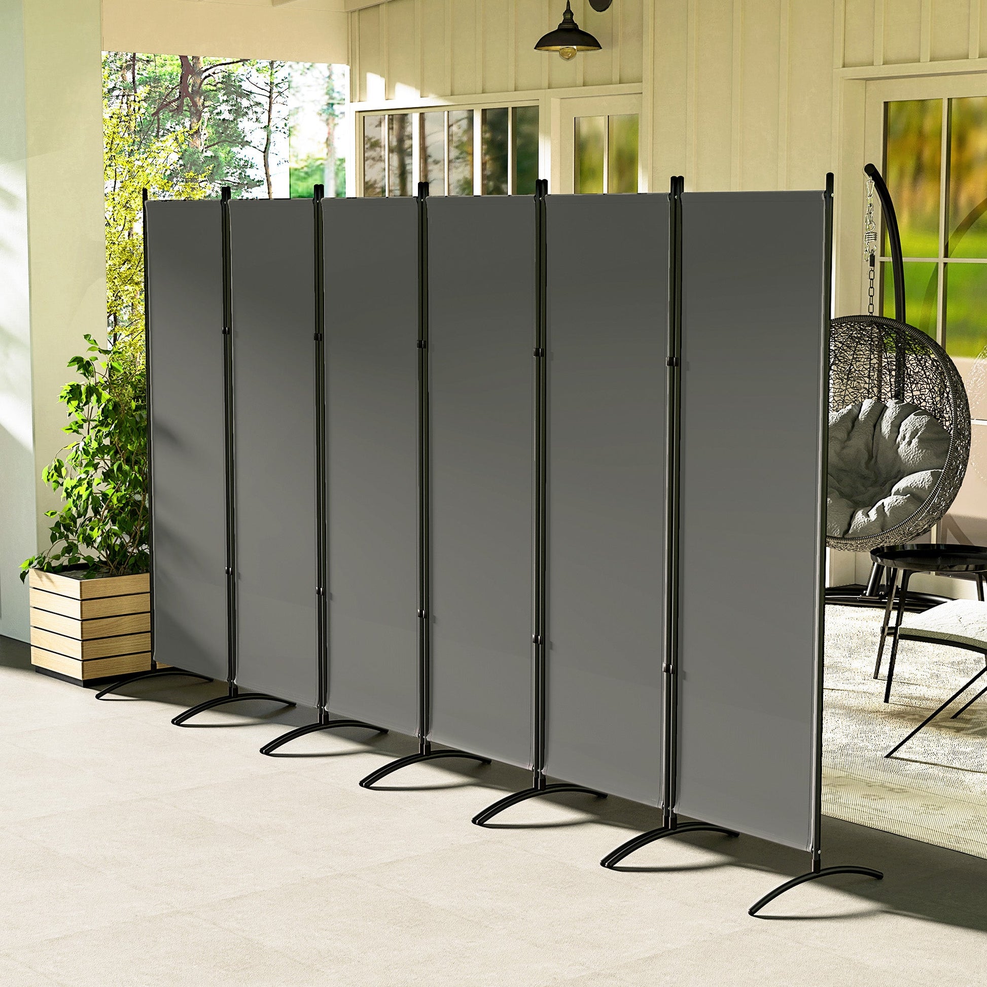 6 Panel Folding Outdoor Privacy Screen, 5.7FT Tall Room Divider with UV30+ Protection, Freestanding Privacy Panel Partition with Stable Base for Indoor Outdoor, Dark Grey