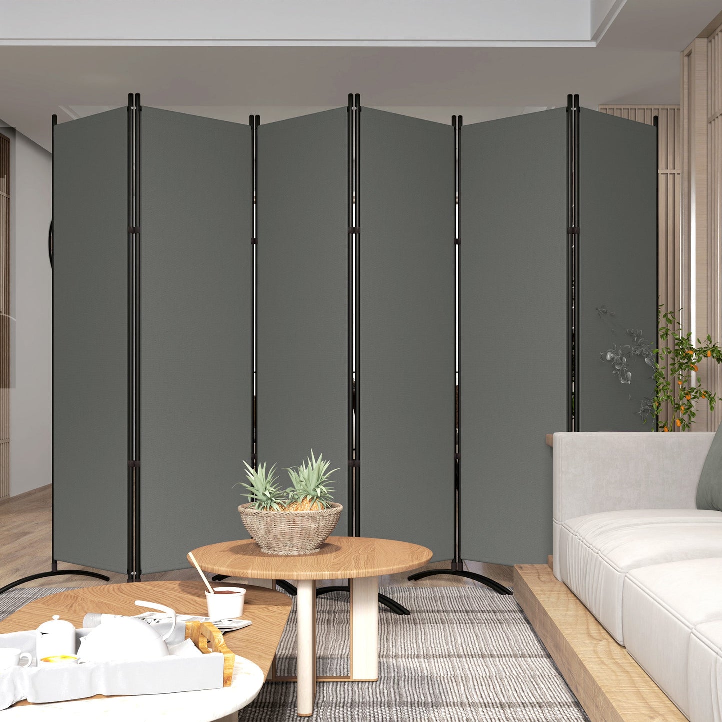 6 Panel Folding Outdoor Privacy Screen, 5.7FT Tall Room Divider with UV30+ Protection, Freestanding Privacy Panel Partition with Stable Base for Indoor Outdoor, Dark Grey