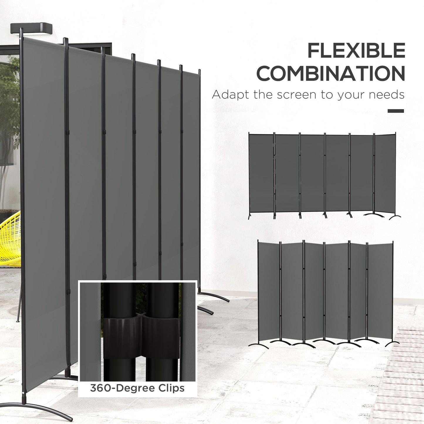 6 Panel Folding Outdoor Privacy Screen, 5.7FT Tall Room Divider with UV30+ Protection, Freestanding Privacy Panel Partition with Stable Base for Indoor Outdoor, Dark Grey
