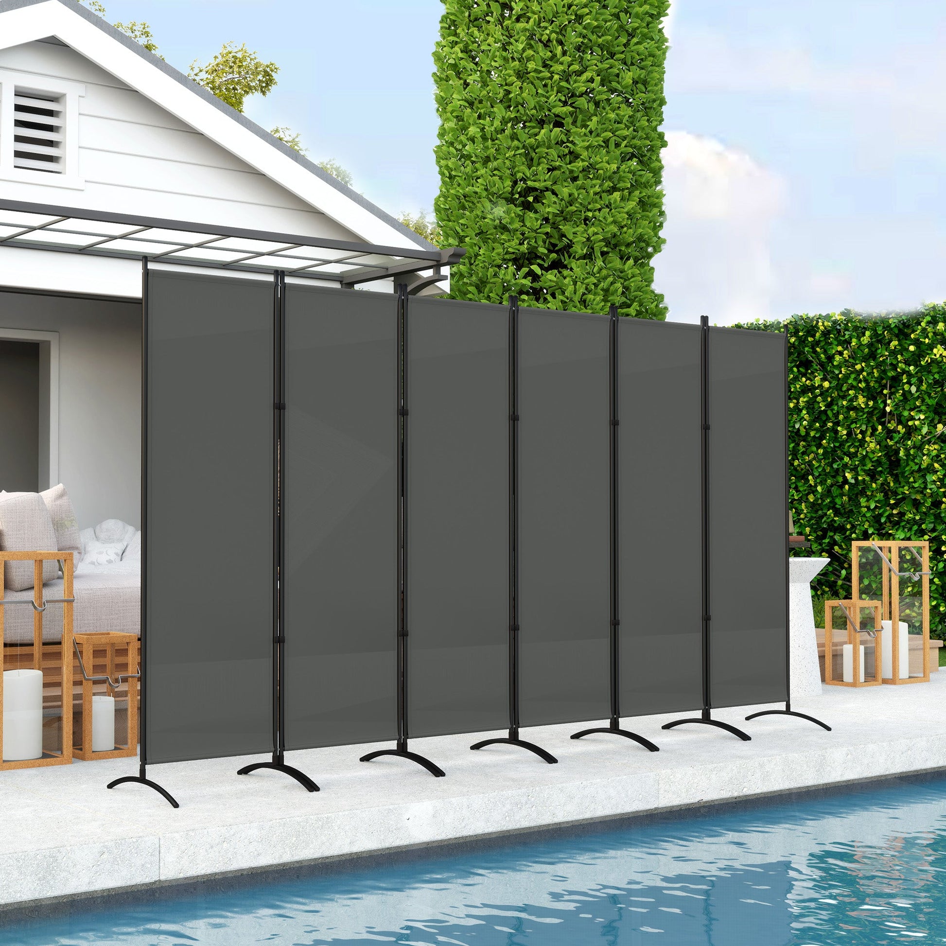 6 Panel Folding Outdoor Privacy Screen, 5.7FT Tall Room Divider with UV30+ Protection, Freestanding Privacy Panel Partition with Stable Base for Indoor Outdoor, Dark Grey