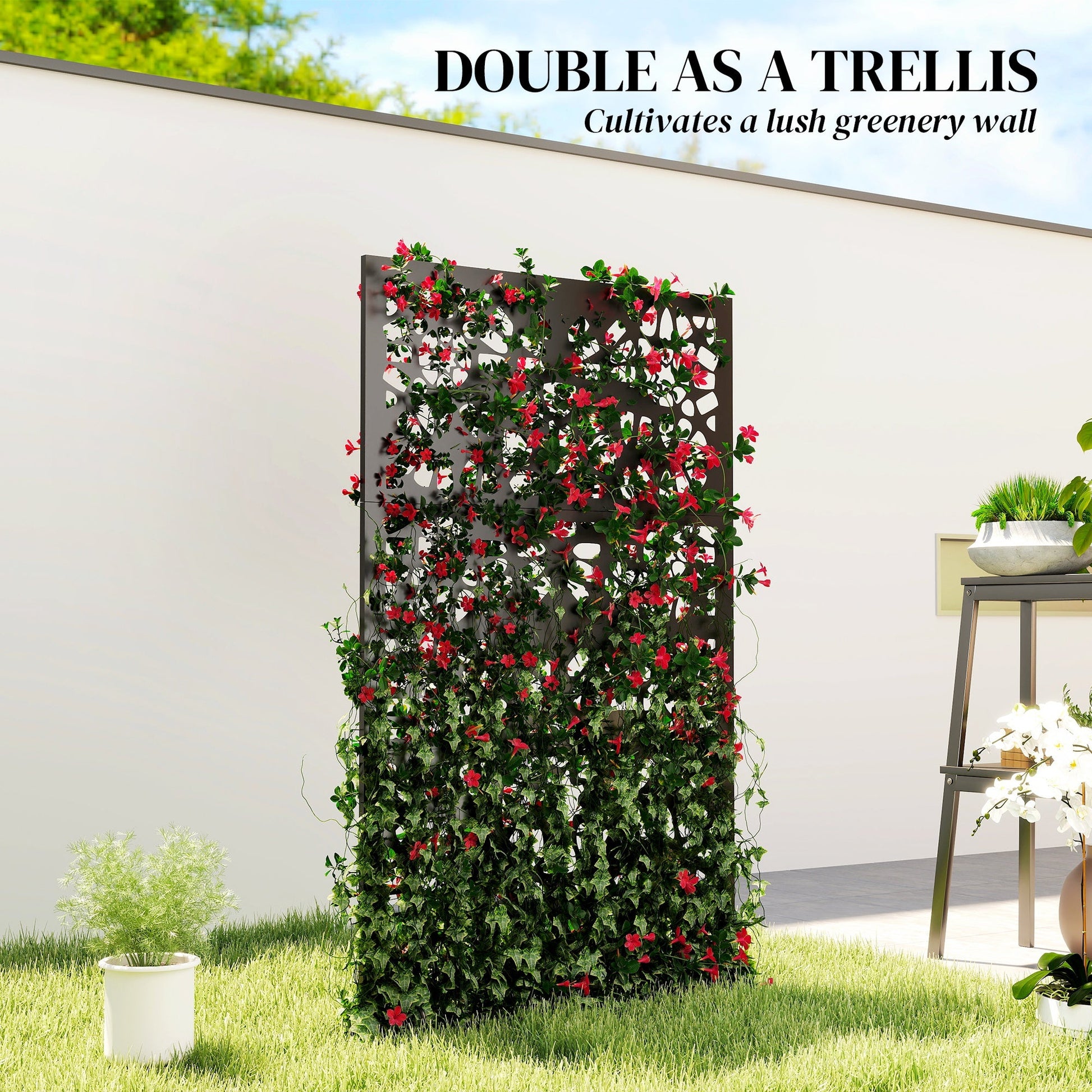 Metal Outdoor Privacy Screen, 72" x 38" Freestanding Outdoor Divider, Wall-Mounted Decorative Panel with Symmetrical Pattern Cut-out Design for Garden Patio, Black