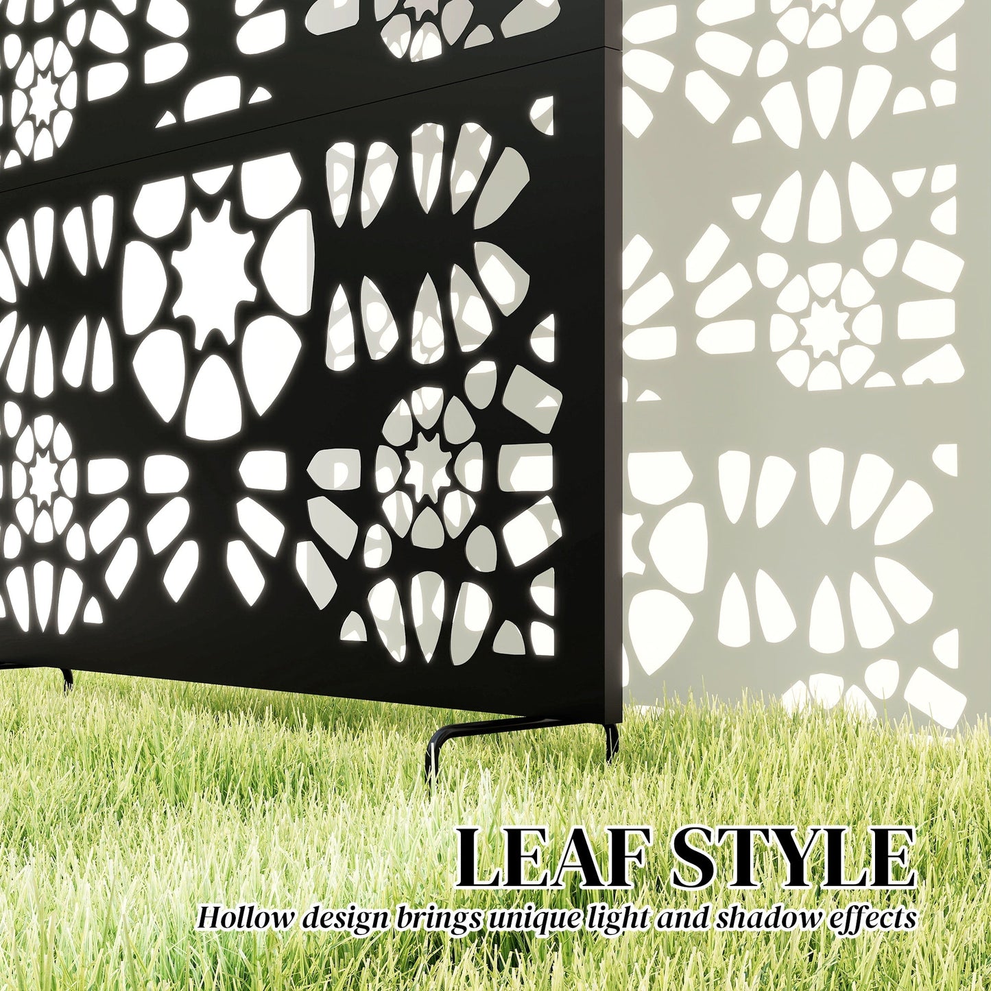 Metal Outdoor Privacy Screen, 72" x 38" Freestanding Outdoor Divider, Wall-Mounted Decorative Panel with Symmetrical Pattern Cut-out Design for Garden Patio, Black