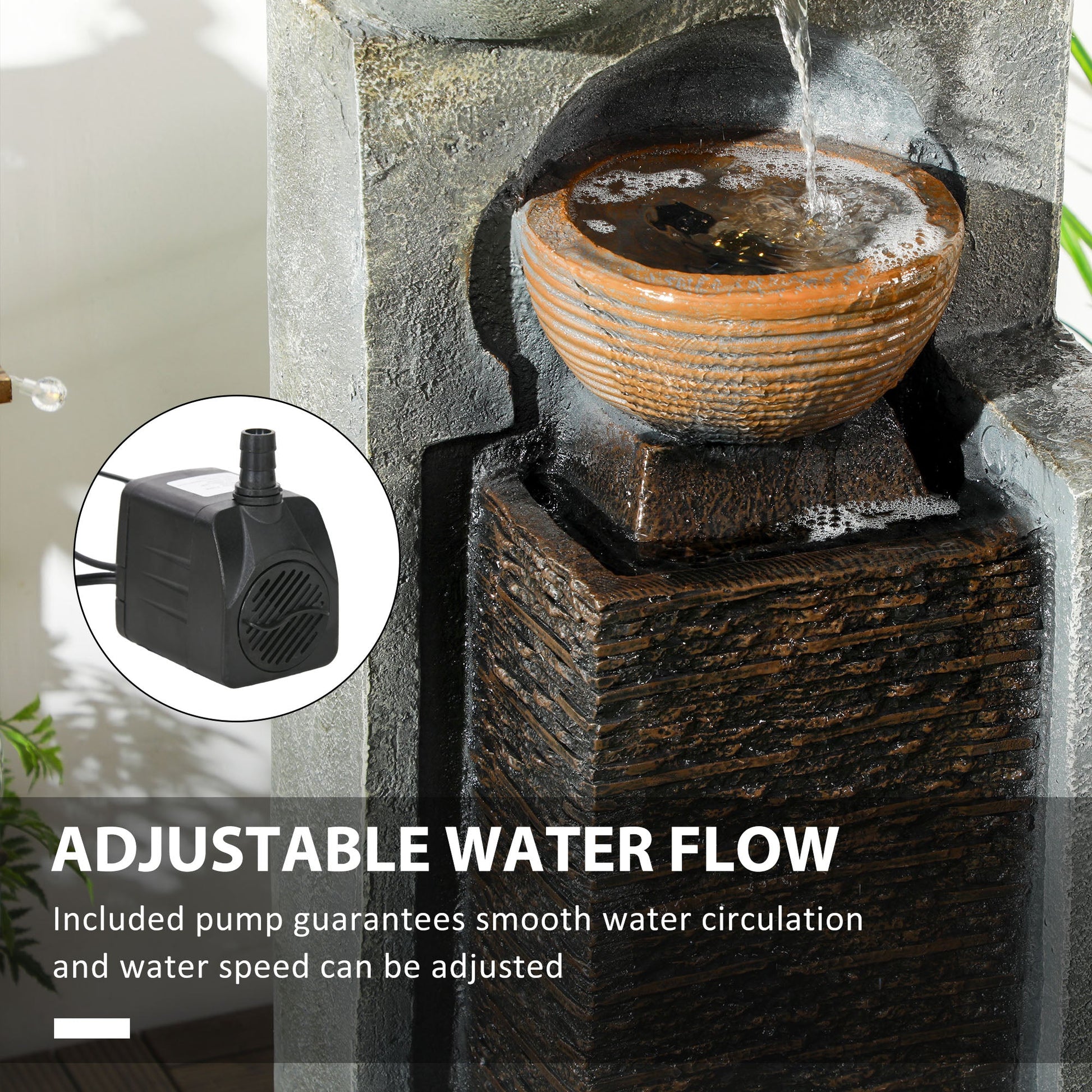 Cascading Bowls Water Fountain, 5-Tier Waterfall Fountain with LED Lights, Adjustable Flow, 43.3-inch Resin Outdoor Fountain for Zen Garden, Deck, Porch, Backyard
