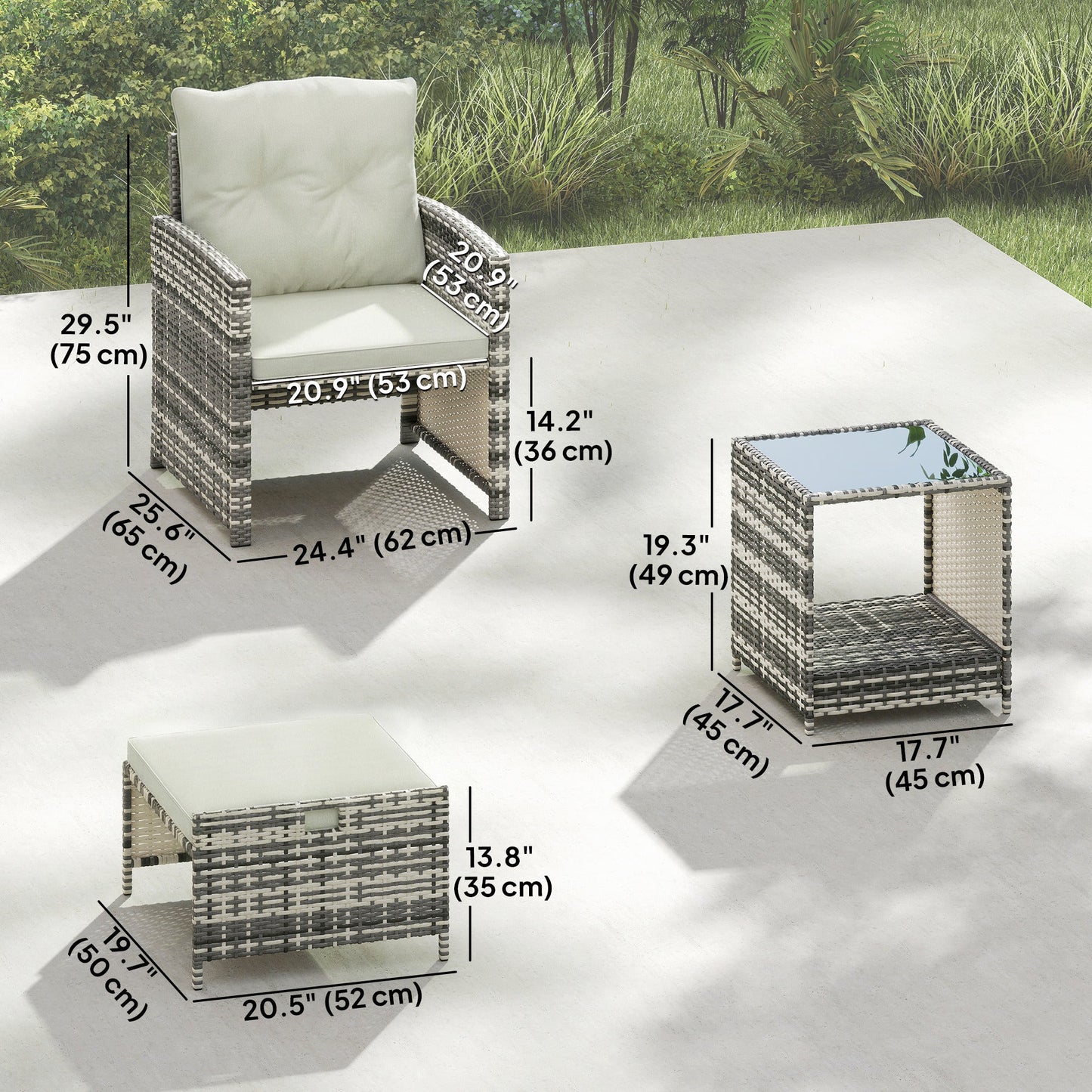 5 Piece Patio Furniture Set, Wicker Patio Chairs with Ottomans, 2-Tier Glass Coffee Table, Cushions, Outdoor Patio Furniture Conversation Set for Balcony, Grey/Cream White