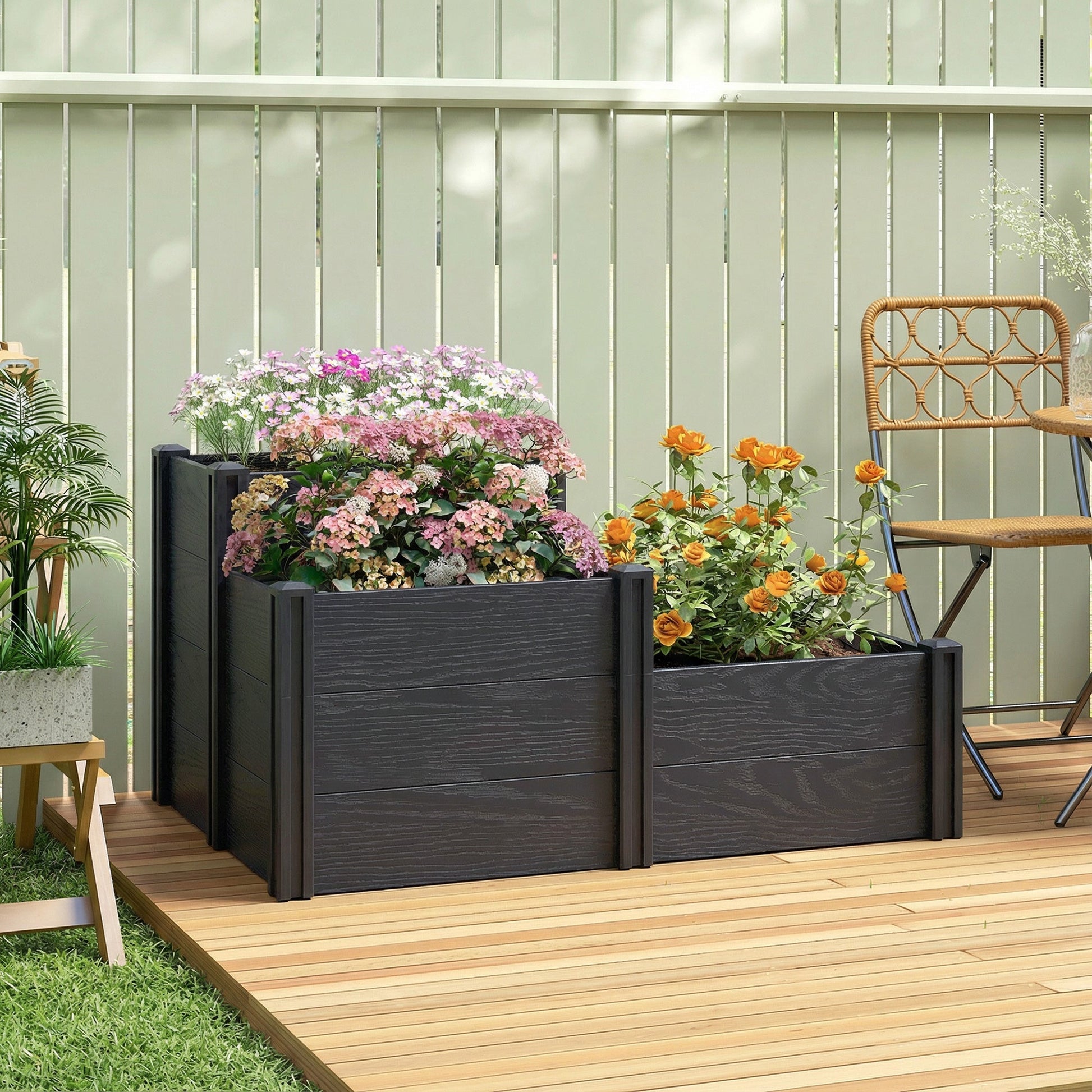Vinyl Raised Garden Bed Kit, 3-Tier Elevated Garden Box with Open Bottom, Outdoor Raised Planter Box for Flowers, Herbs, Vegetables, DIY Assembly, Grey Wood Effect