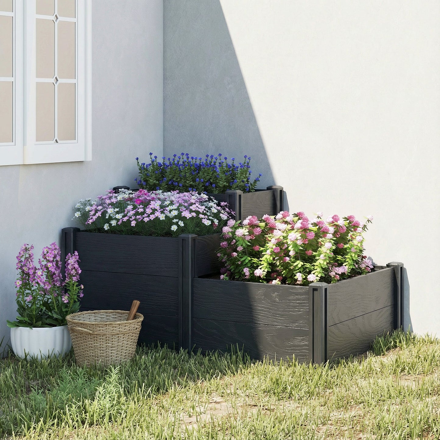 Vinyl Raised Garden Bed Kit, 3-Tier Elevated Garden Box with Open Bottom, Outdoor Raised Planter Box for Flowers, Herbs, Vegetables, DIY Assembly, Grey Wood Effect