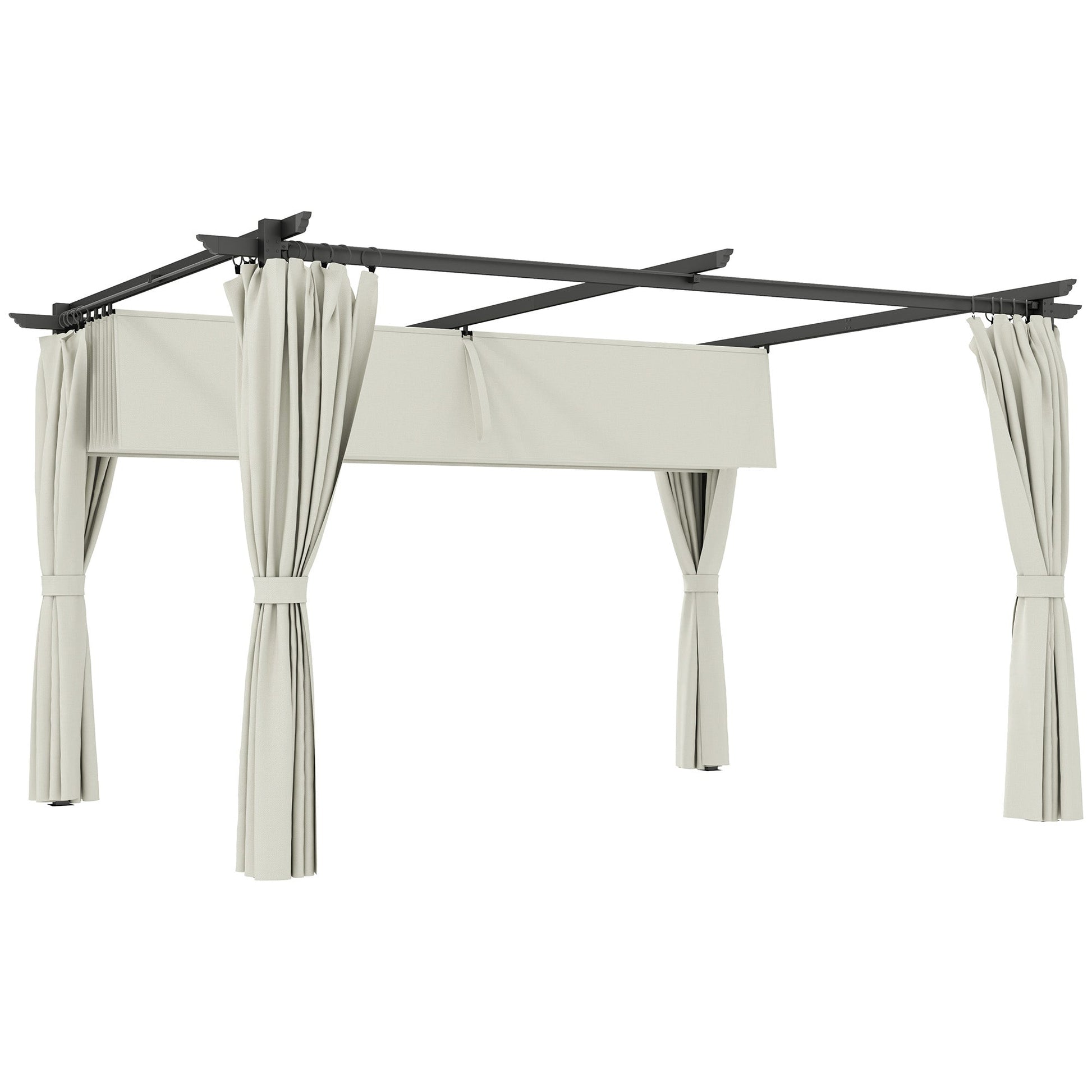 10' x 13' Retractable Pergola Canopy with Curtains, Outdoor Gazebo UPF30+ Sun Shade Shelter for Grill, Garden, Patio, Backyard, Deck, Cream White