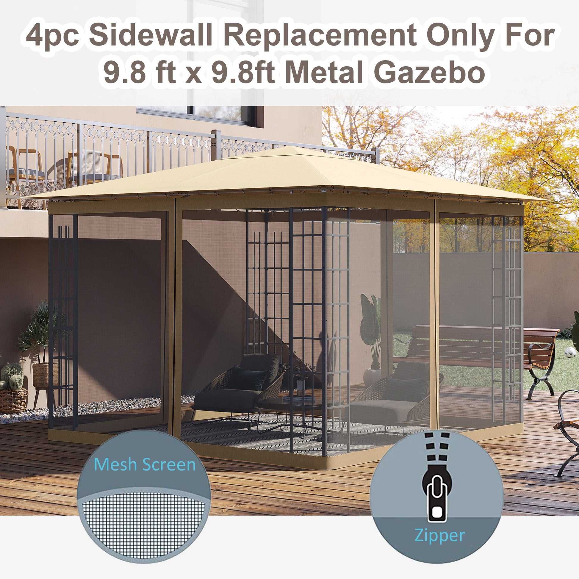 Replacement Mosquito Netting for Gazebo 10' x 10' Black Screen Walls for Canopy with Zippers for Parties and Outdoor Activities, Beige