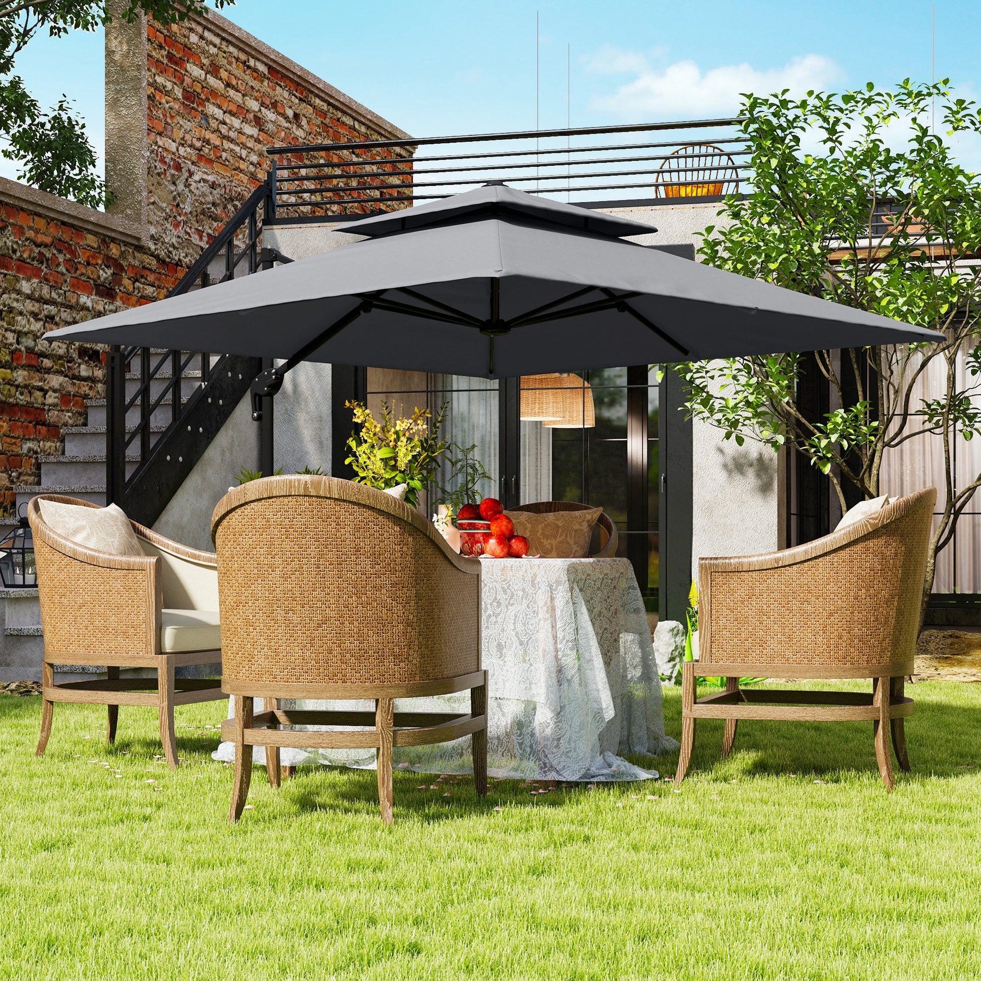 10' x 10' Cantilever Patio Umbrella, Double Top Square Offset Umbrella with 360° Rotation, 5 Adjustable Tilt Angles, Umbrella Cover, Aluminum Pole and Ribs, Light Grey