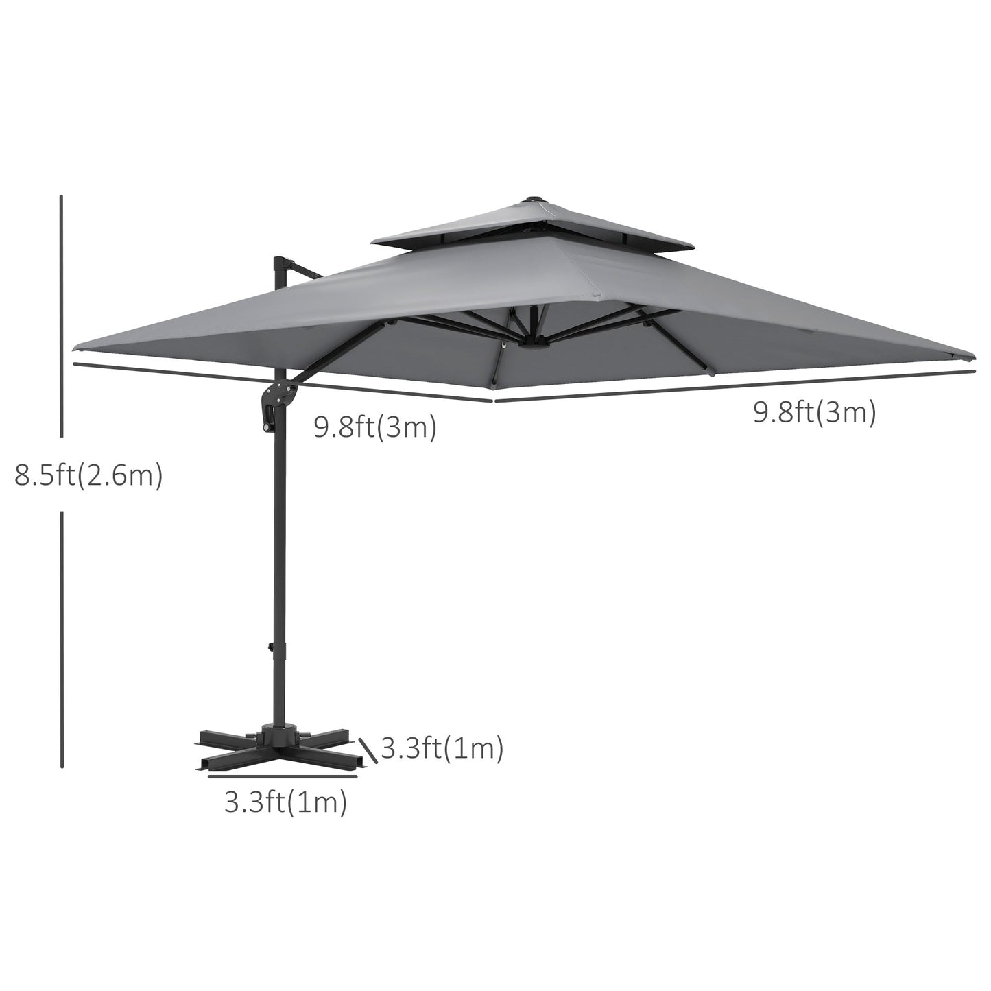 10' x 10' Cantilever Patio Umbrella, Double Top Square Offset Umbrella with 360° Rotation, 5 Adjustable Tilt Angles, Umbrella Cover, Aluminum Pole and Ribs, Light Grey