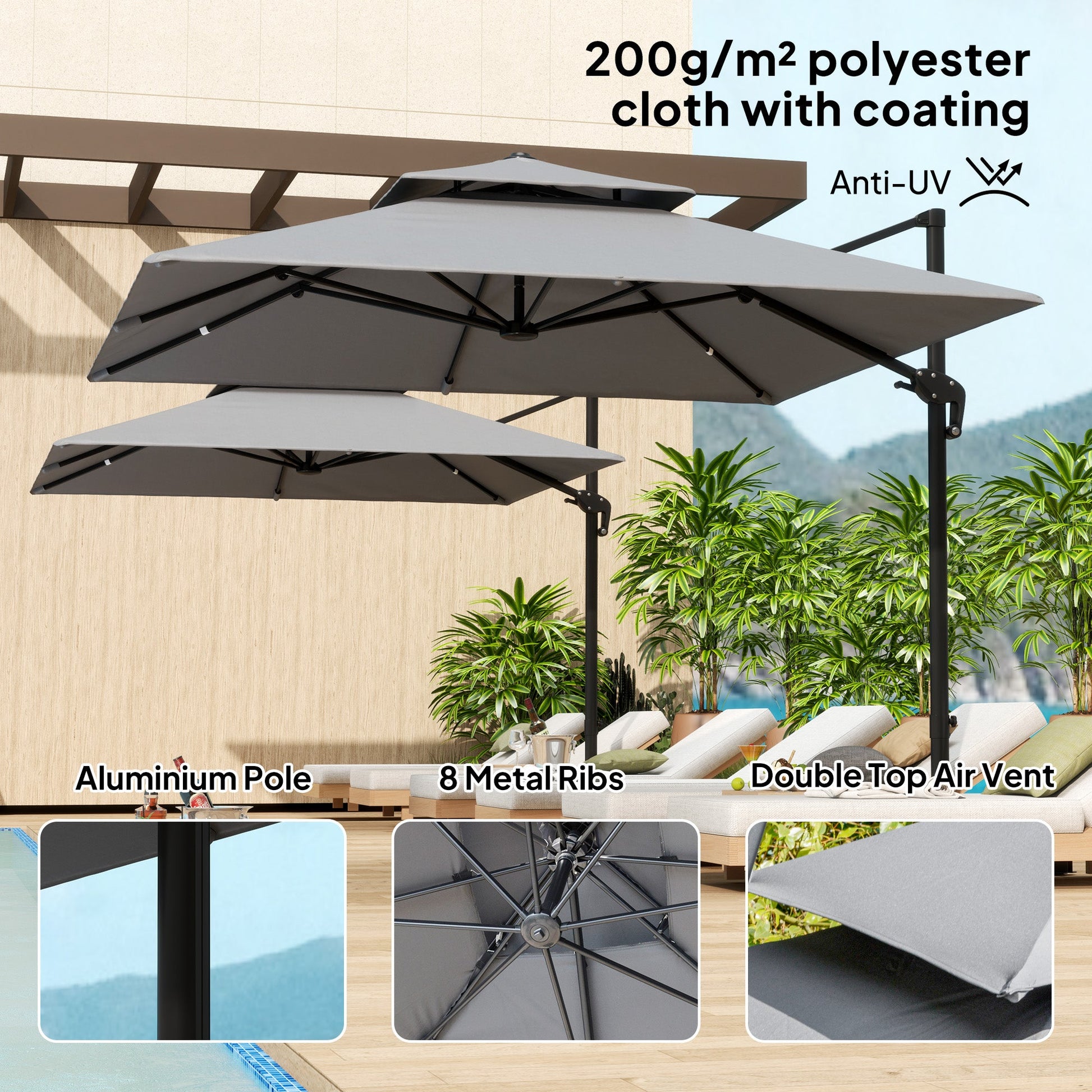 10' x 10' Cantilever Patio Umbrella, Double Top Square Offset Umbrella with 360° Rotation, 5 Adjustable Tilt Angles, Umbrella Cover, Aluminum Pole and Ribs, Light Grey