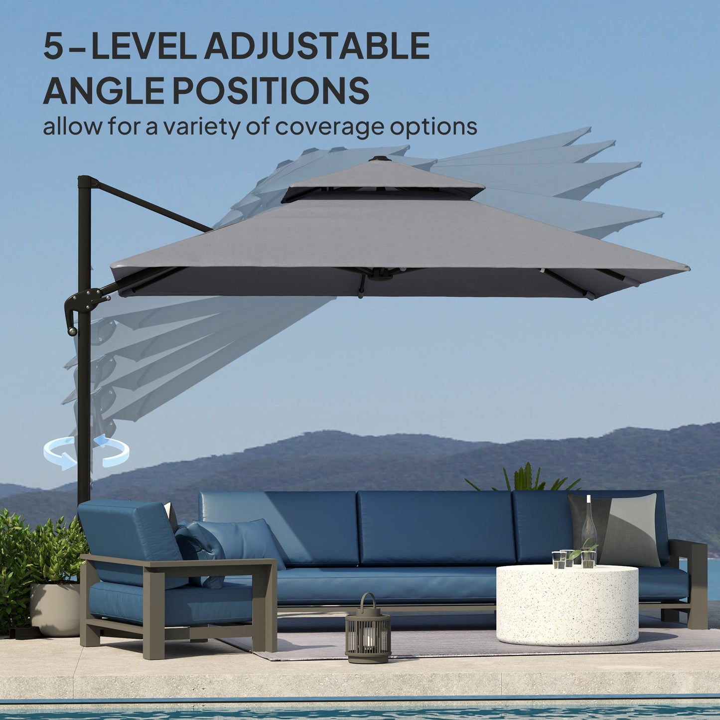 10' x 10' Cantilever Patio Umbrella, Double Top Square Offset Umbrella with 360° Rotation, 5 Adjustable Tilt Angles, Umbrella Cover, Aluminum Pole and Ribs, Light Grey