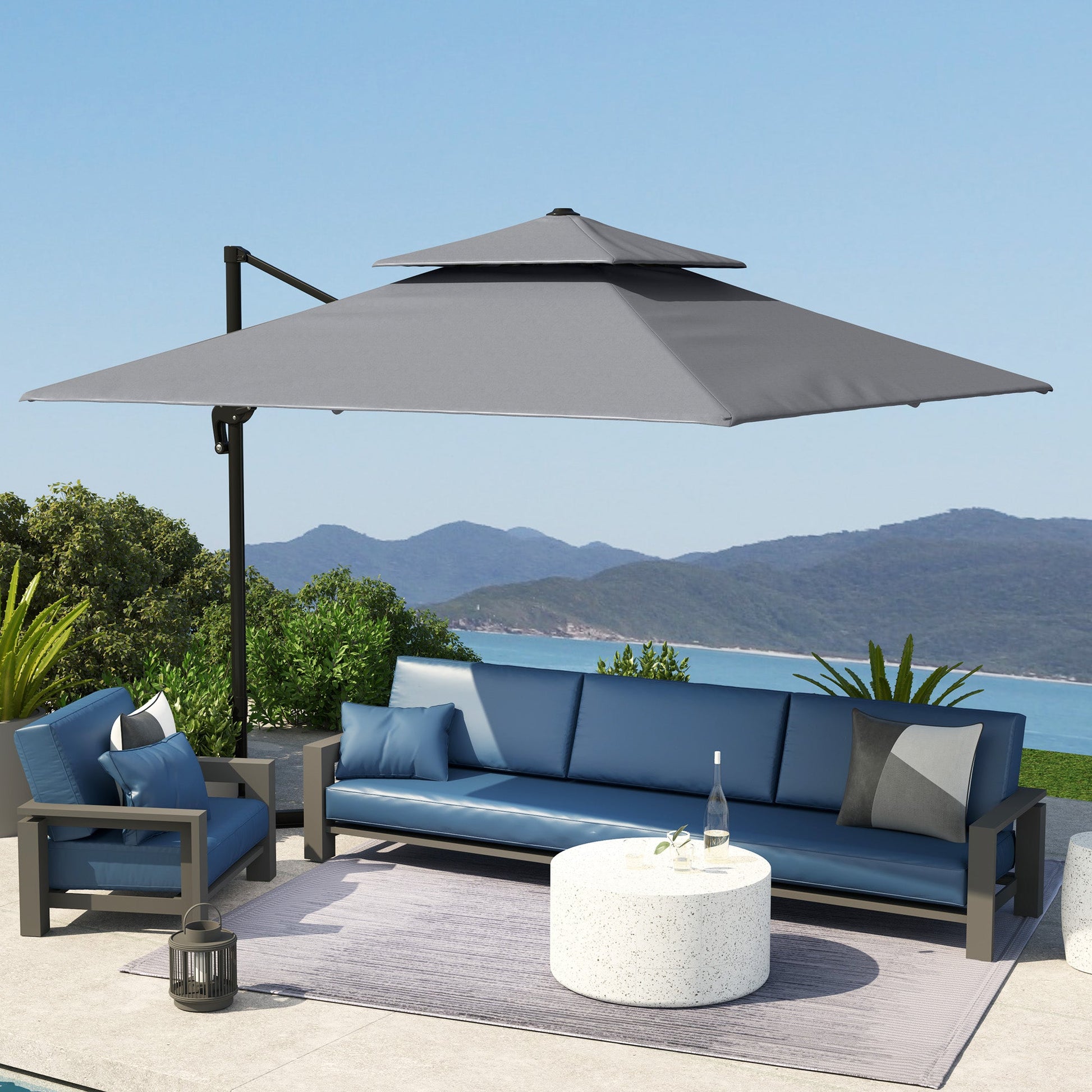 10' x 10' Cantilever Patio Umbrella, Double Top Square Offset Umbrella with 360° Rotation, 5 Adjustable Tilt Angles, Umbrella Cover, Aluminum Pole and Ribs, Light Grey