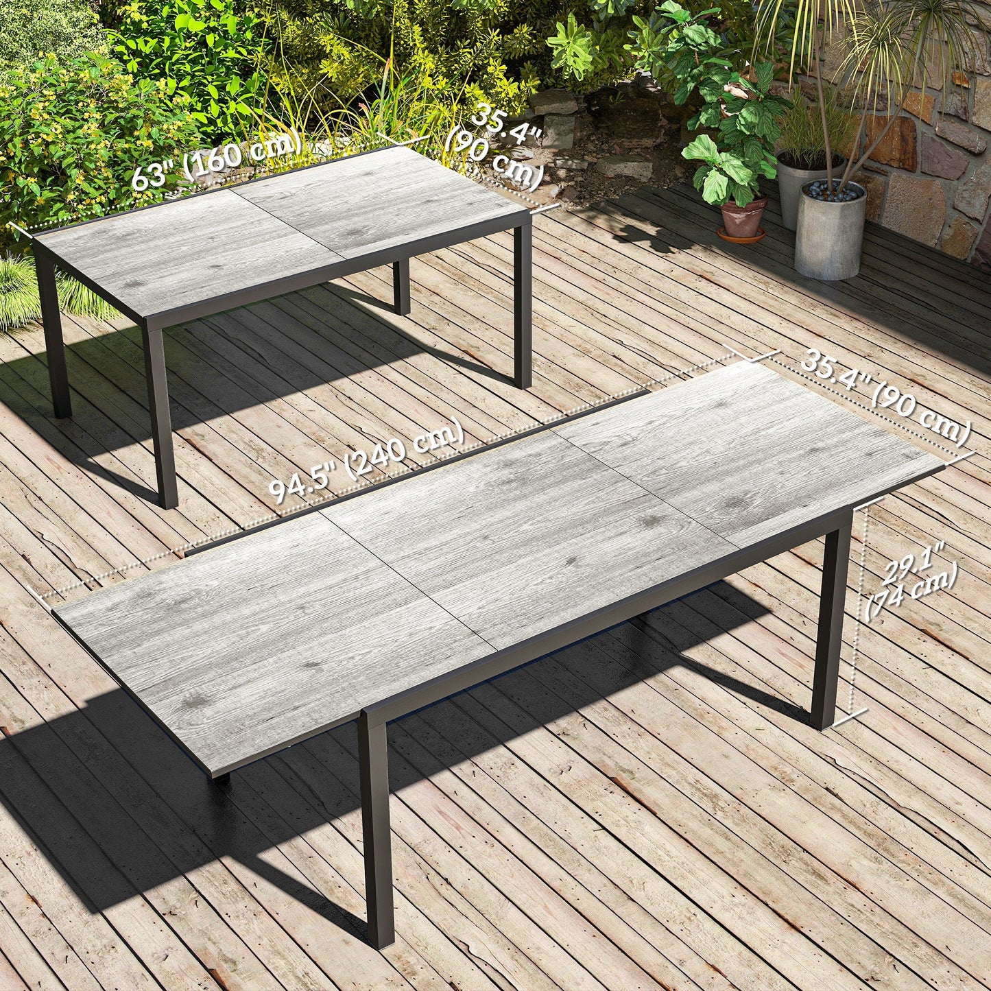 Extendable Patio Dining Table, 63"-94.5" Adjustable Outdoor Dining Table for 6-8 Person, Rectangular Table with Aluminium Edging, Steel Frame, for Porch, Deck, Garden