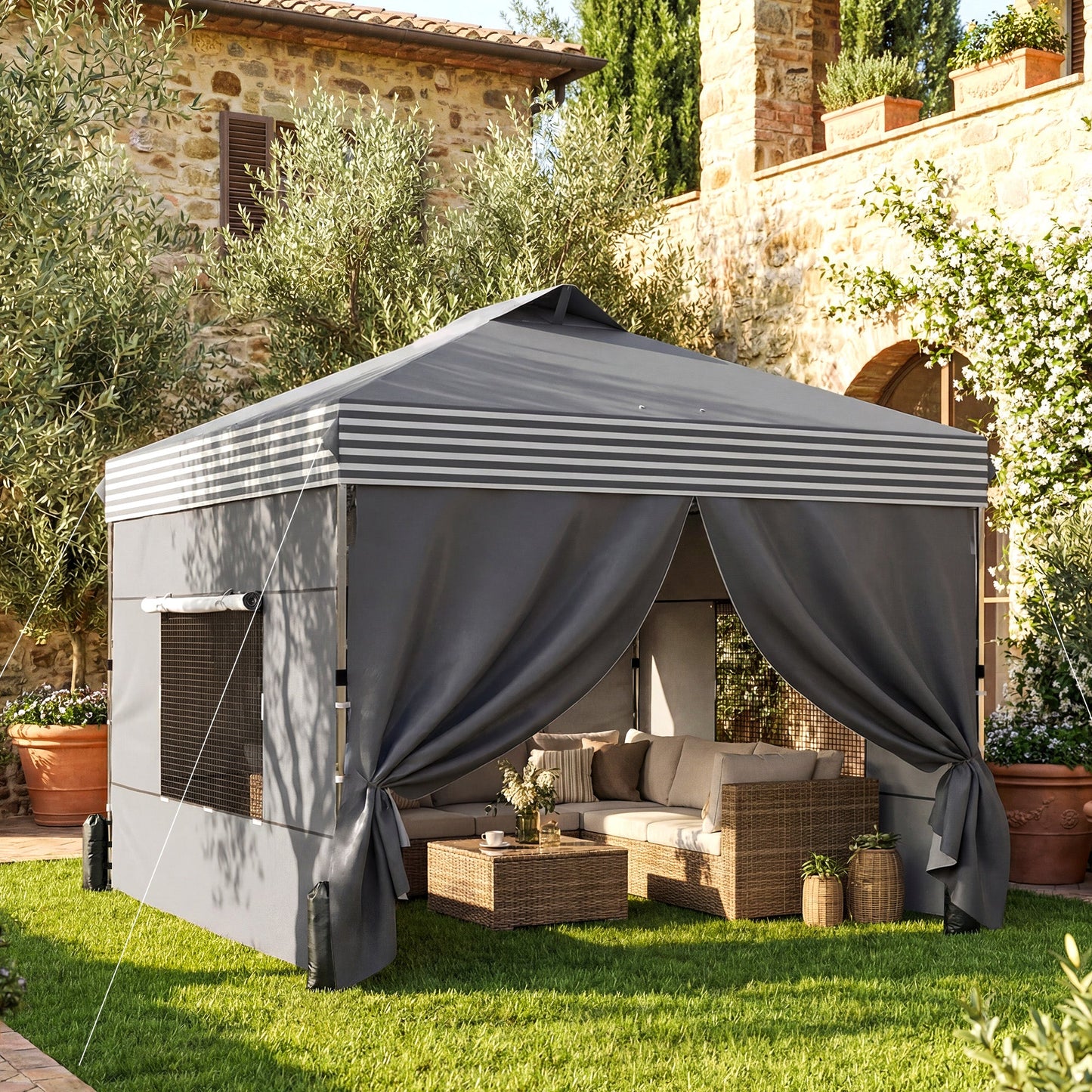 10 x 10 ft Pop Up Canopy Tent with 4 Sidewalls, UPF 50+ 1-Button Push Easy Setup Outdoor Instant Canopy Portable Shelter with 4 Sandbags, Wheeled Carry Bag, Dark Grey