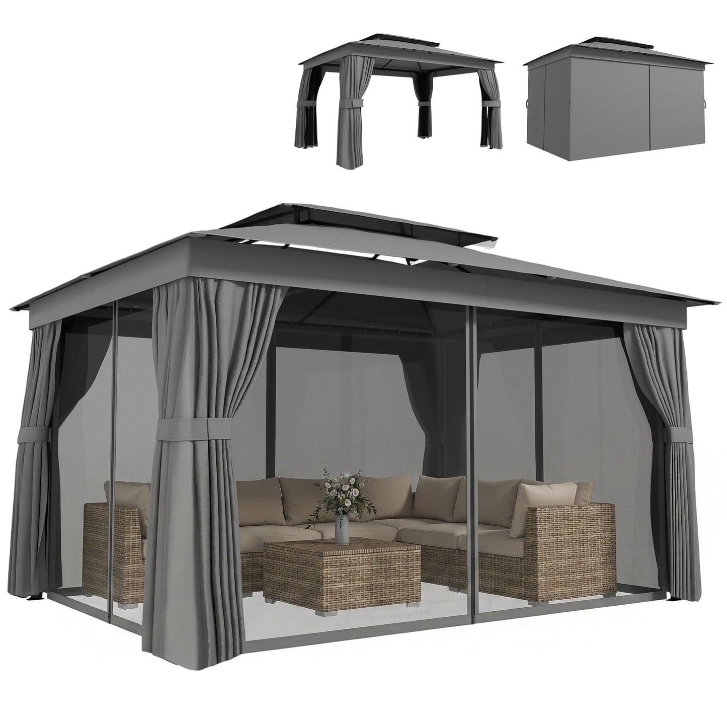 10' x 12.5' Outdoor Gazebo with Curtains and Netting, Double Roof Patio Gazebo Permanent Pavilion Canopy Shelter with Metal Frame, Hooks, UPF30+ Protection, Dark Grey