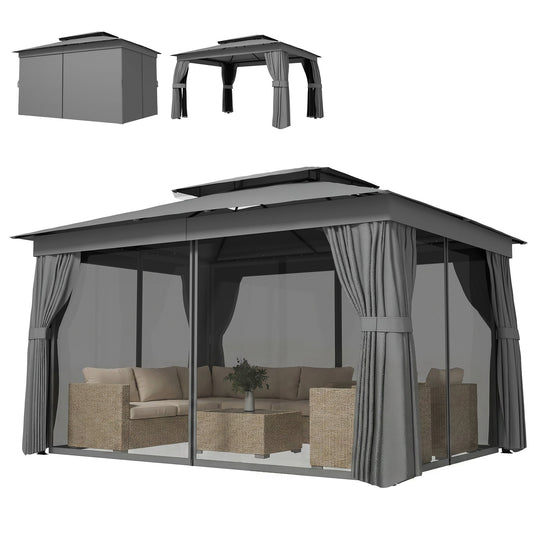10' x 12.5' Outdoor Gazebo with Curtains and Netting, Double Roof Patio Gazebo Permanent Pavilion Canopy Shelter with Metal Frame, Hooks, UPF30+ Protection, Dark Grey