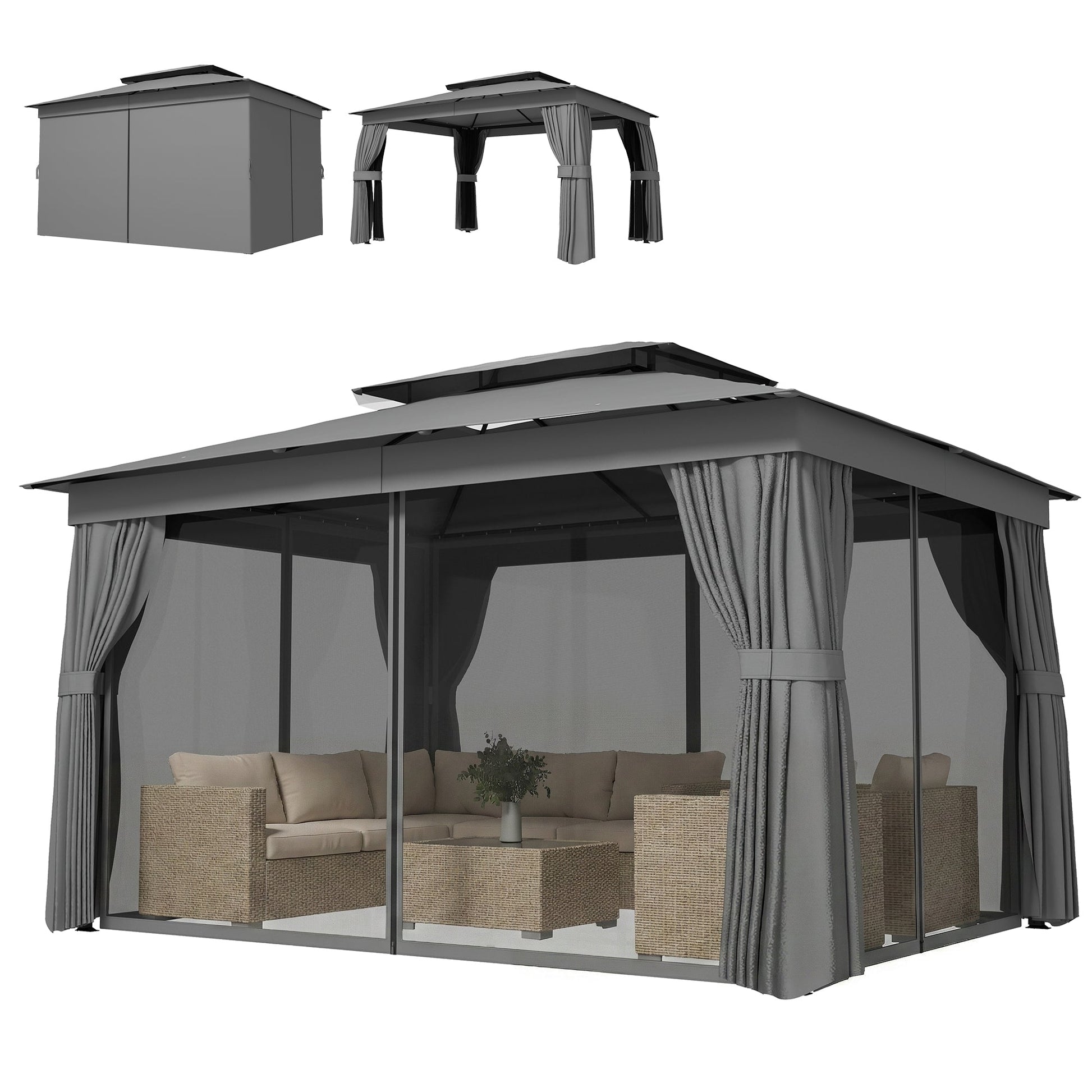 10' x 12.5' Outdoor Gazebo with Curtains and Netting, Double Roof Patio Gazebo Permanent Pavilion Canopy Shelter with Metal Frame, Hooks, UPF30+ Protection, Dark Grey