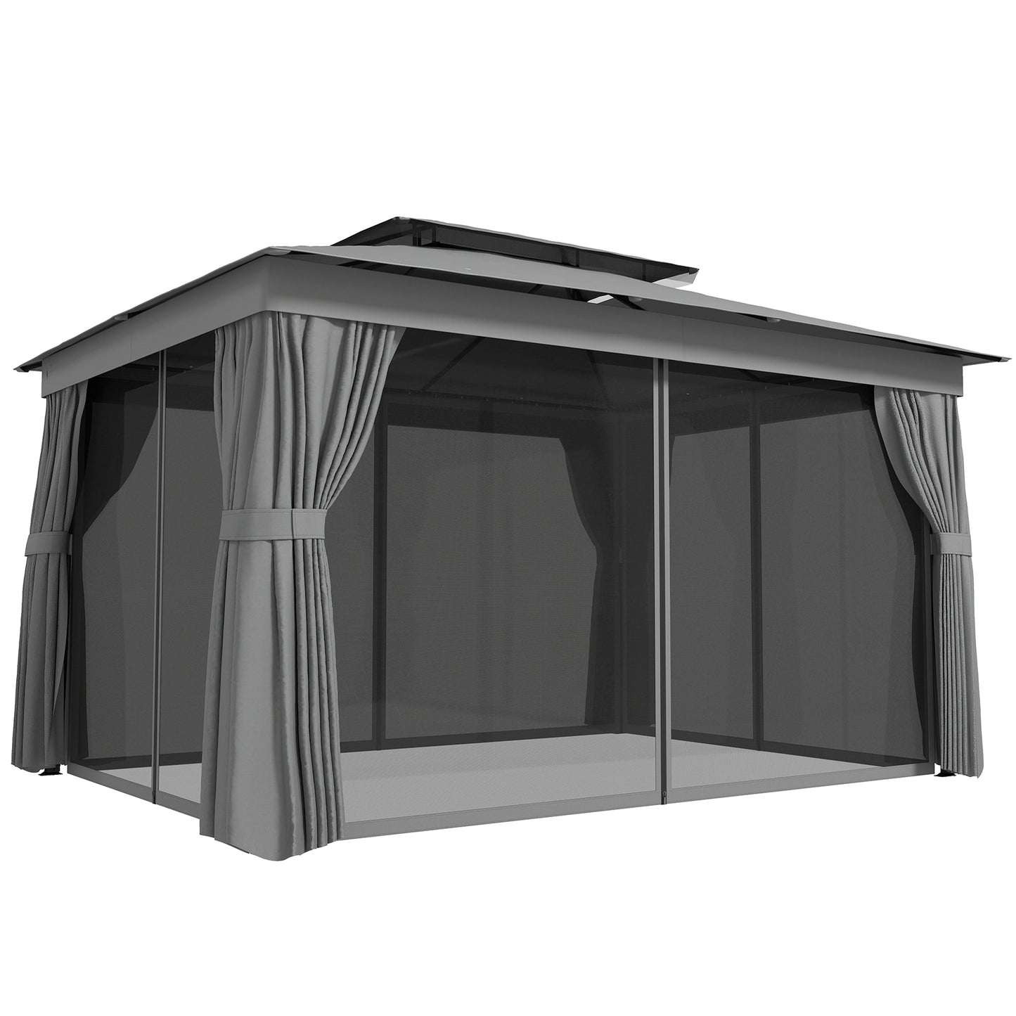 10' x 12.5' Outdoor Gazebo with Curtains and Netting, Double Roof Patio Gazebo Permanent Pavilion Canopy Shelter with Metal Frame, Hooks, UPF30+ Protection, Dark Grey