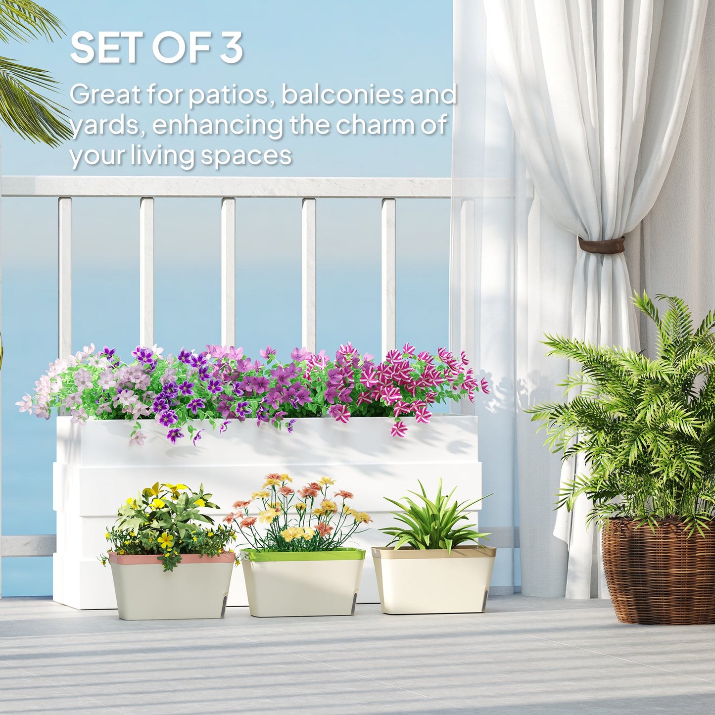 3 Pack Self Watering Planter Box, 10.5 Inch Outdoor Flower Pots with Water Level Indicator, Plastic Planter Pots for Herbs, Vegetables, Flowers, Succulents Plants
