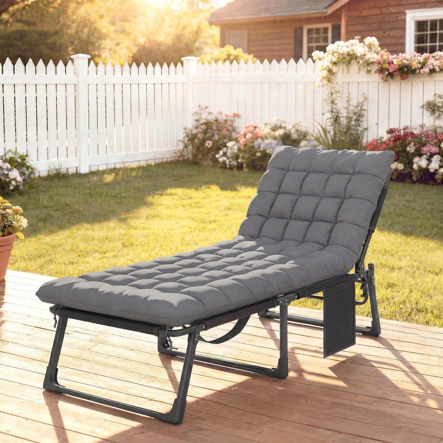 Lounge Chair Outdoor, 75 cm Wide Folding Chaise Lounge Tanning Chair, 5-Position Beach Patio Lounger Camping Cot Bed with Cushion, Side Pocket, Dark Grey