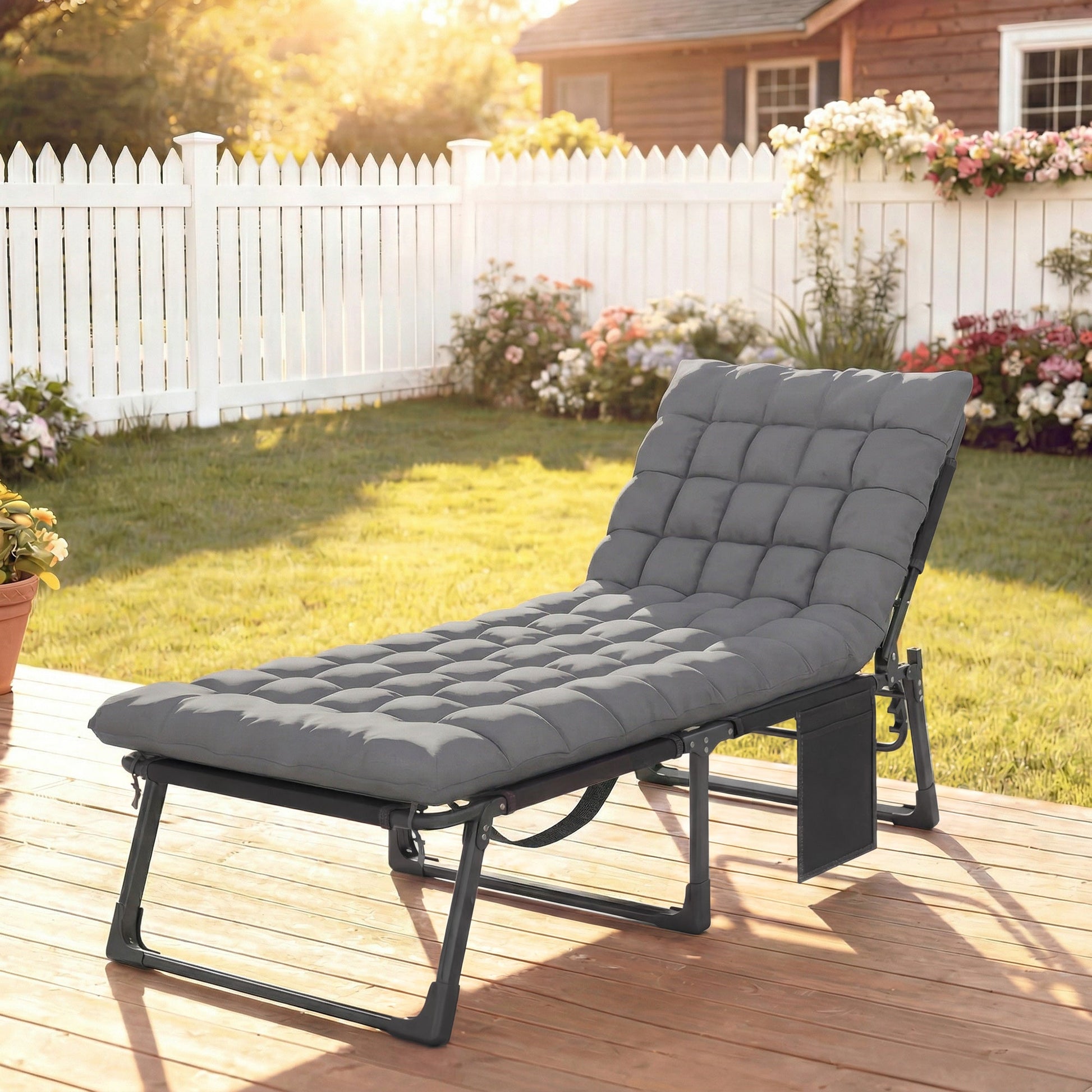 Lounge Chair Outdoor, 75 cm Wide Folding Chaise Lounge Tanning Chair, 5-Position Beach Patio Lounger Camping Cot Bed with Cushion, Side Pocket, Dark Grey