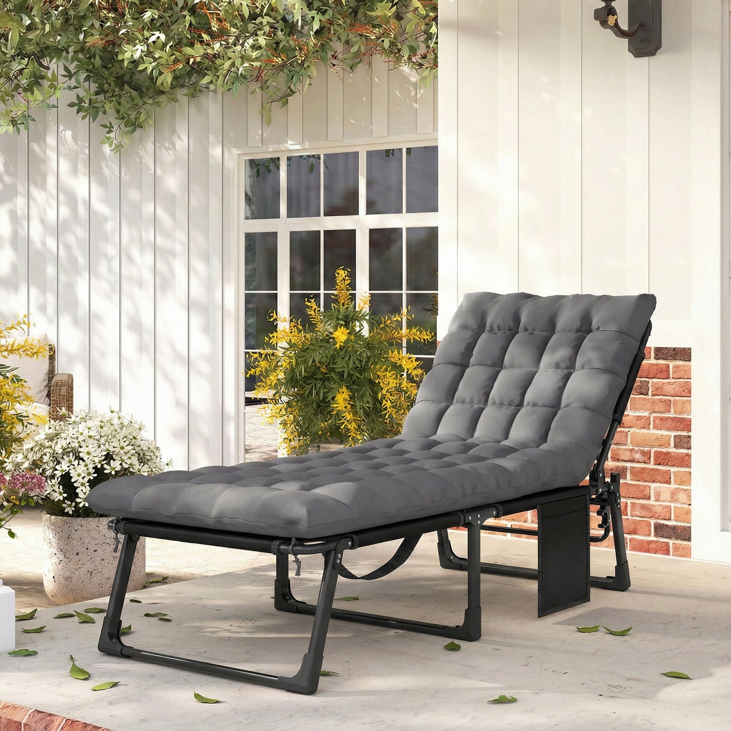 Lounge Chair Outdoor, 75 cm Wide Folding Chaise Lounge Tanning Chair, 5-Position Beach Patio Lounger Camping Cot Bed with Cushion, Side Pocket, Dark Grey
