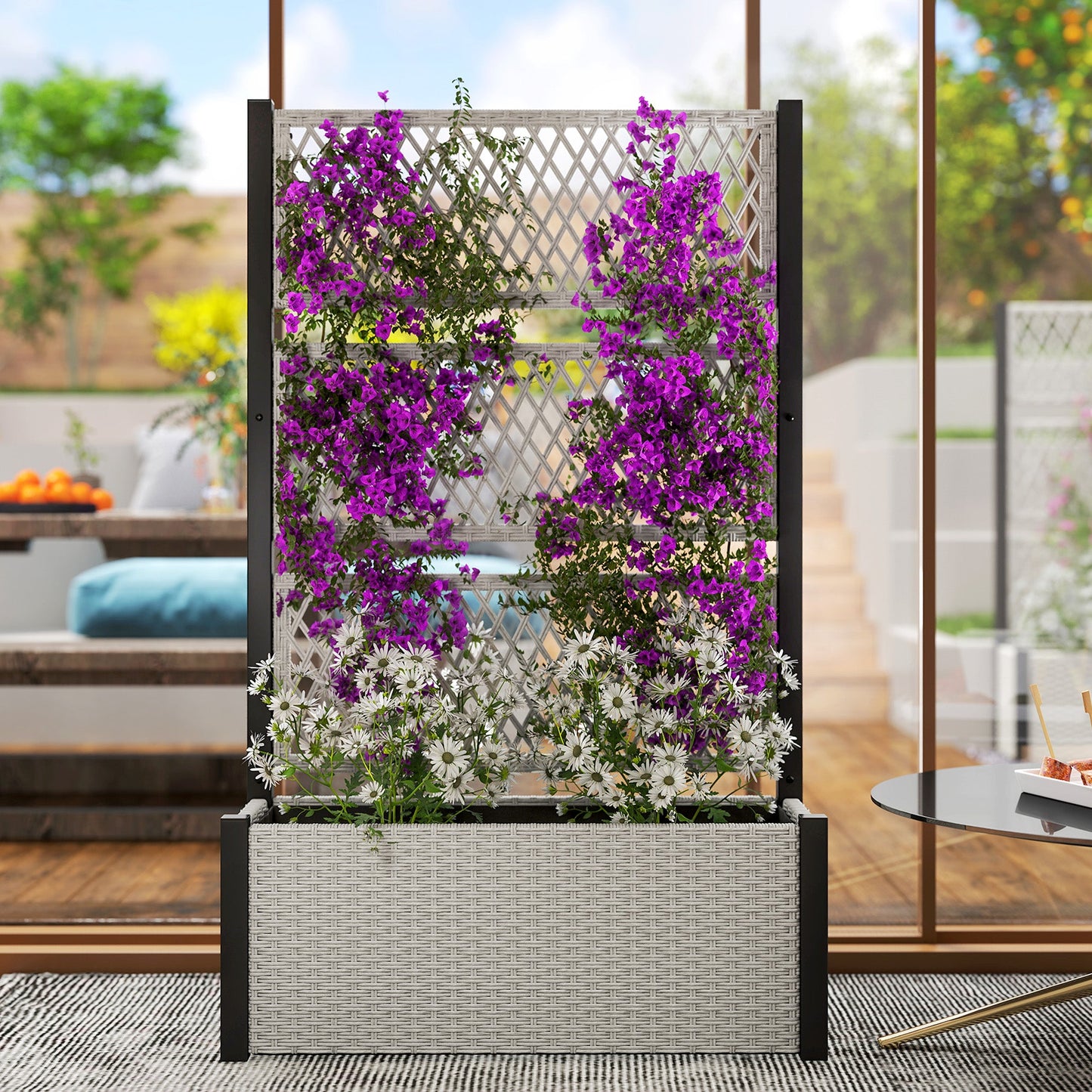 Wicker Outdoor Planter with Trellis, 58" Standing Raised Garden Bed with Liner, Drainage Holes, Privacy Screen Planter Box for Climbing Plants, Flowers, Mixed Grey