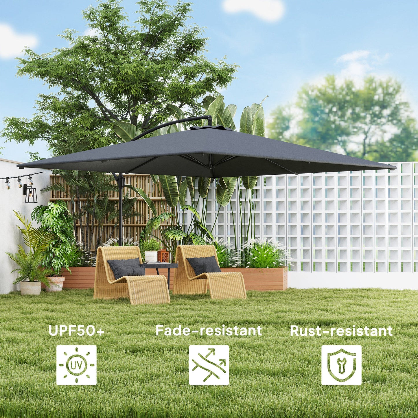 Rectangular Cantilever Parasol 111" x 150.4", Outdoor Garden Umbrella with Crank, Cross Base, Adjustable Tilt, 360° Rotation, UV Protection UPF50+, Grey