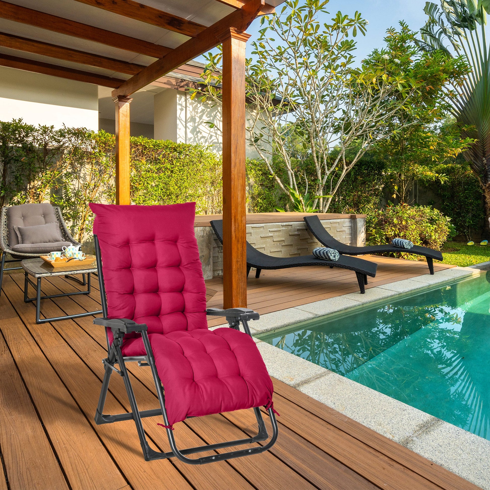 Reclining Zero Gravity Chair with Adjustable Backrest, Folding Garden Sun Lounger with Removable Cushion and Headrest, Wine Red