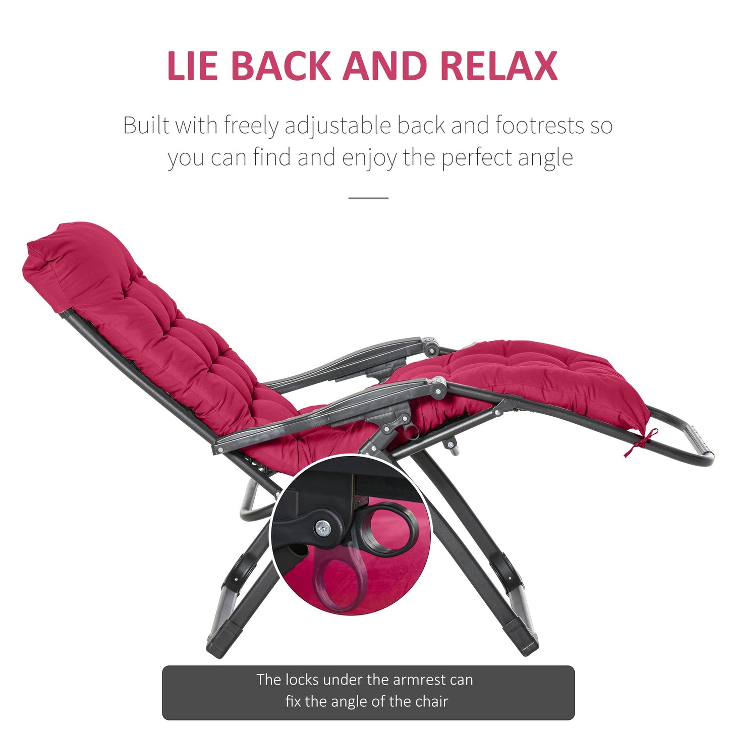 Reclining Zero Gravity Chair with Adjustable Backrest, Folding Garden Sun Lounger with Removable Cushion and Headrest, Wine Red