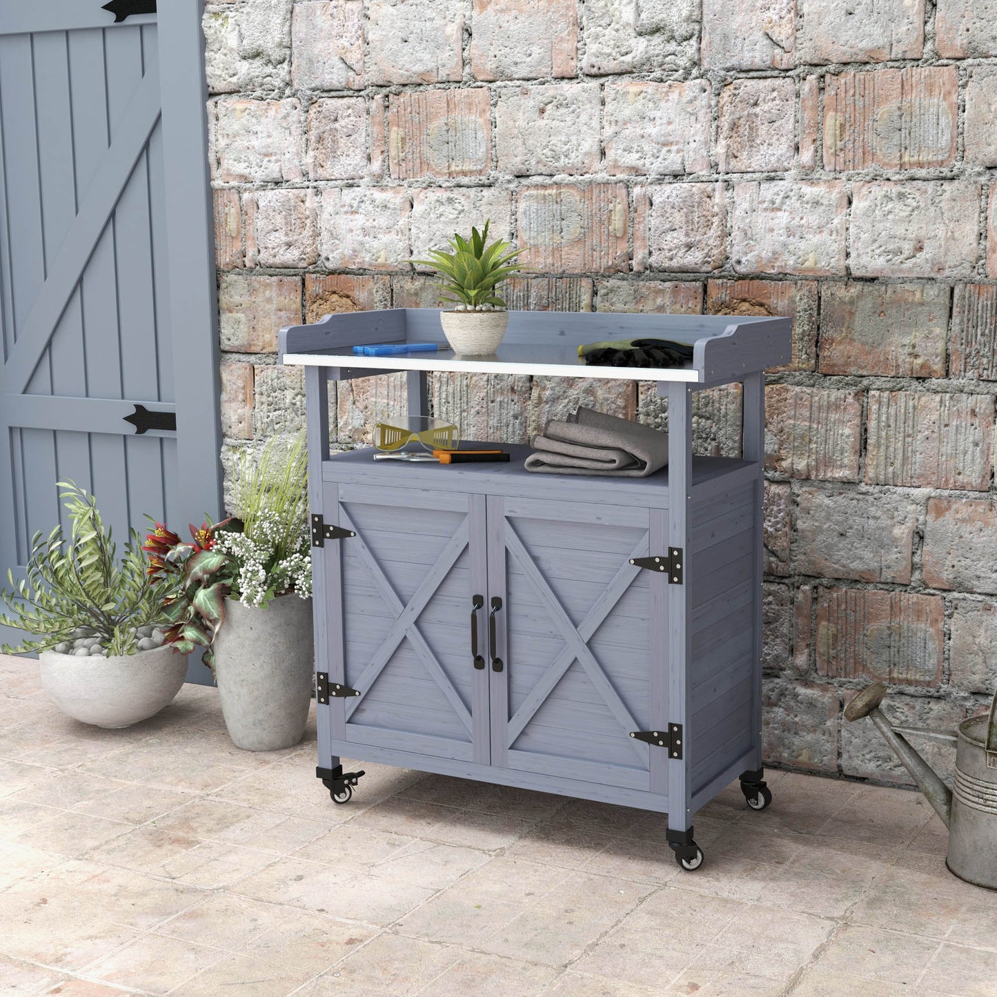 Outdoor Potting Bench, Wooden Potting Table with Storage Cabinet, Aluminum Table Top, Rubber Wheels for Backyard, Patio, Balcony, Grey