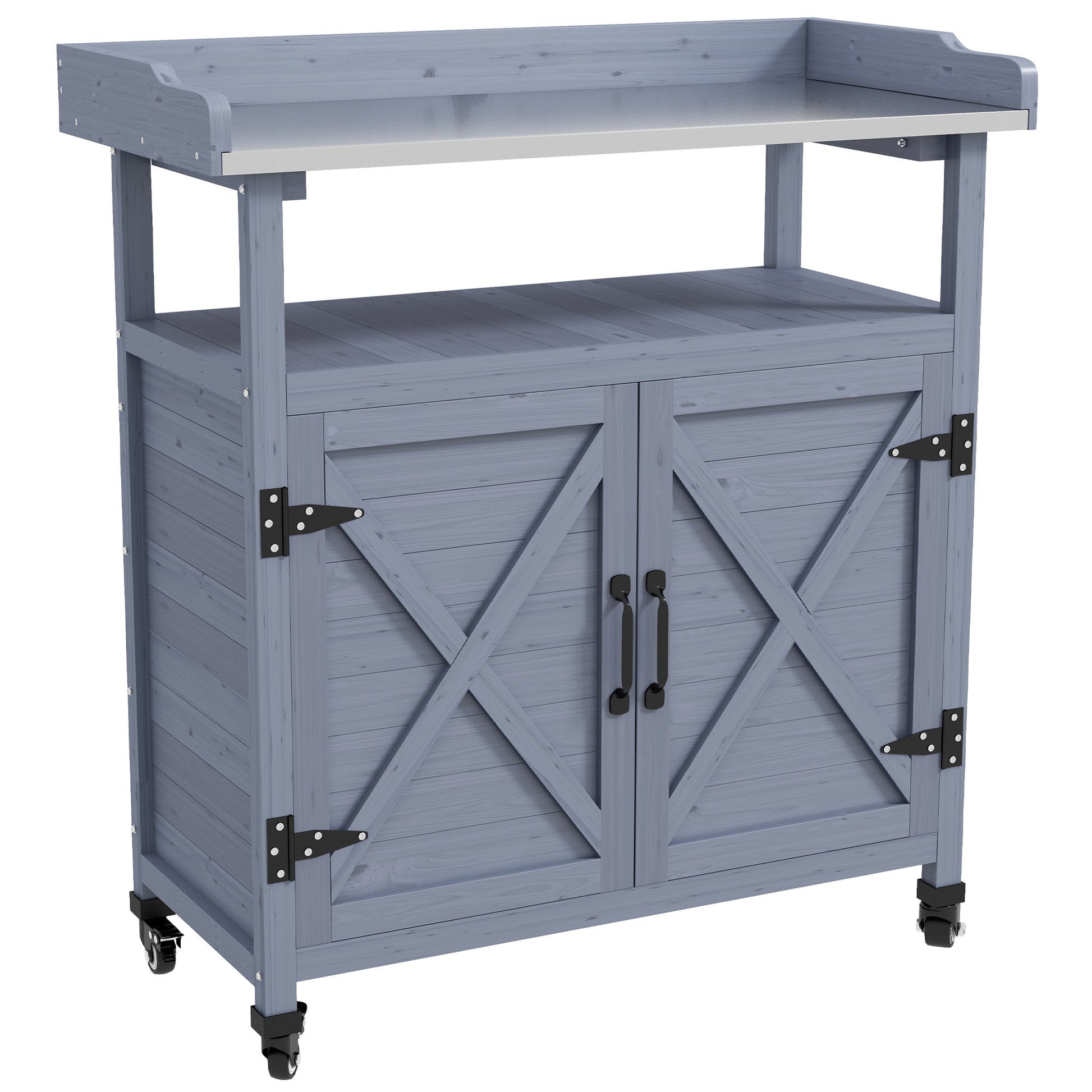 Outdoor Potting Bench, Wooden Potting Table with Storage Cabinet, Aluminum Table Top, Rubber Wheels for Backyard, Patio, Balcony, Grey