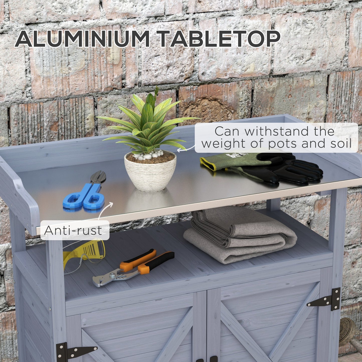 Outdoor Potting Bench, Wooden Potting Table with Storage Cabinet, Aluminum Table Top, Rubber Wheels for Backyard, Patio, Balcony, Grey