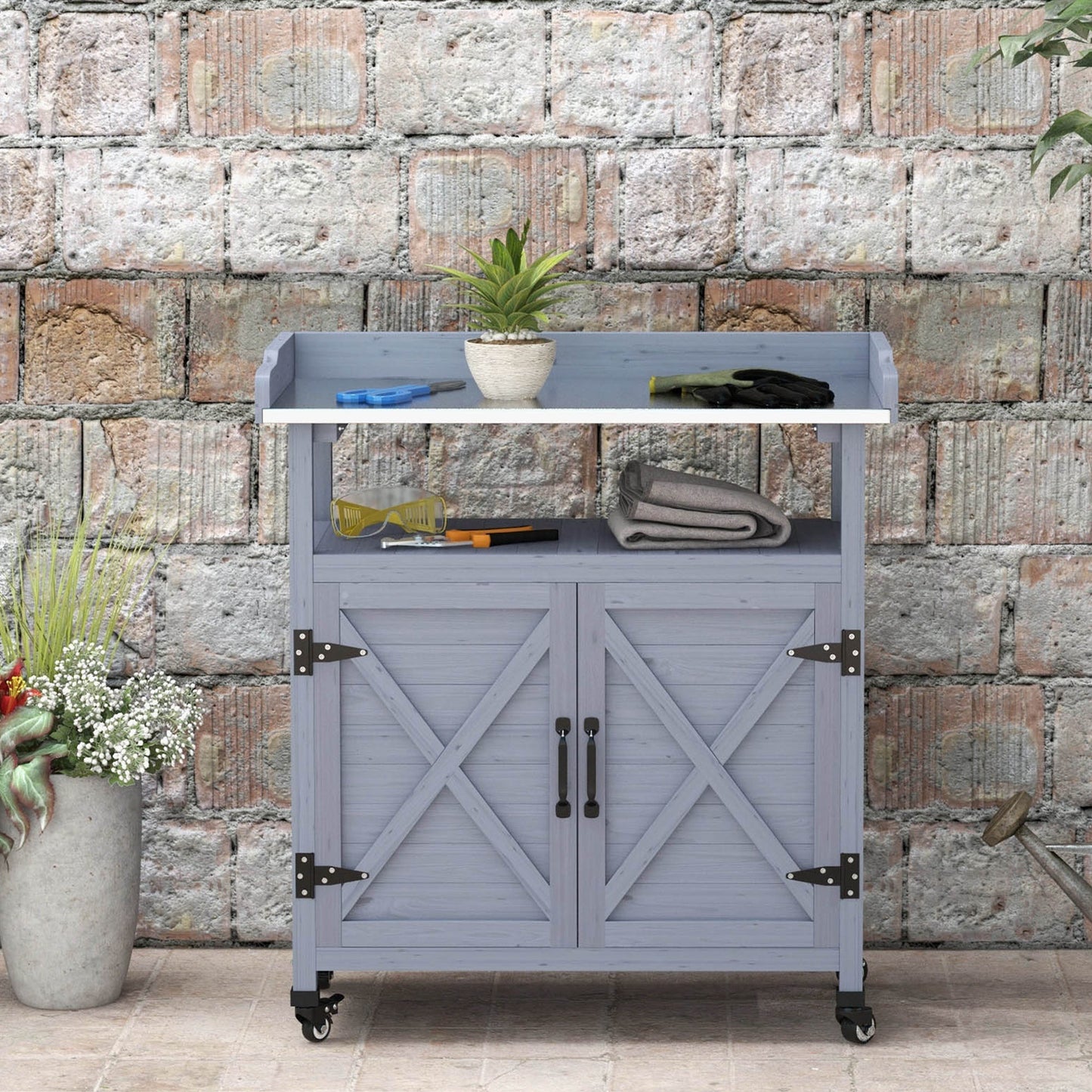 Outdoor Potting Bench, Wooden Potting Table with Storage Cabinet, Aluminum Table Top, Rubber Wheels for Backyard, Patio, Balcony, Grey