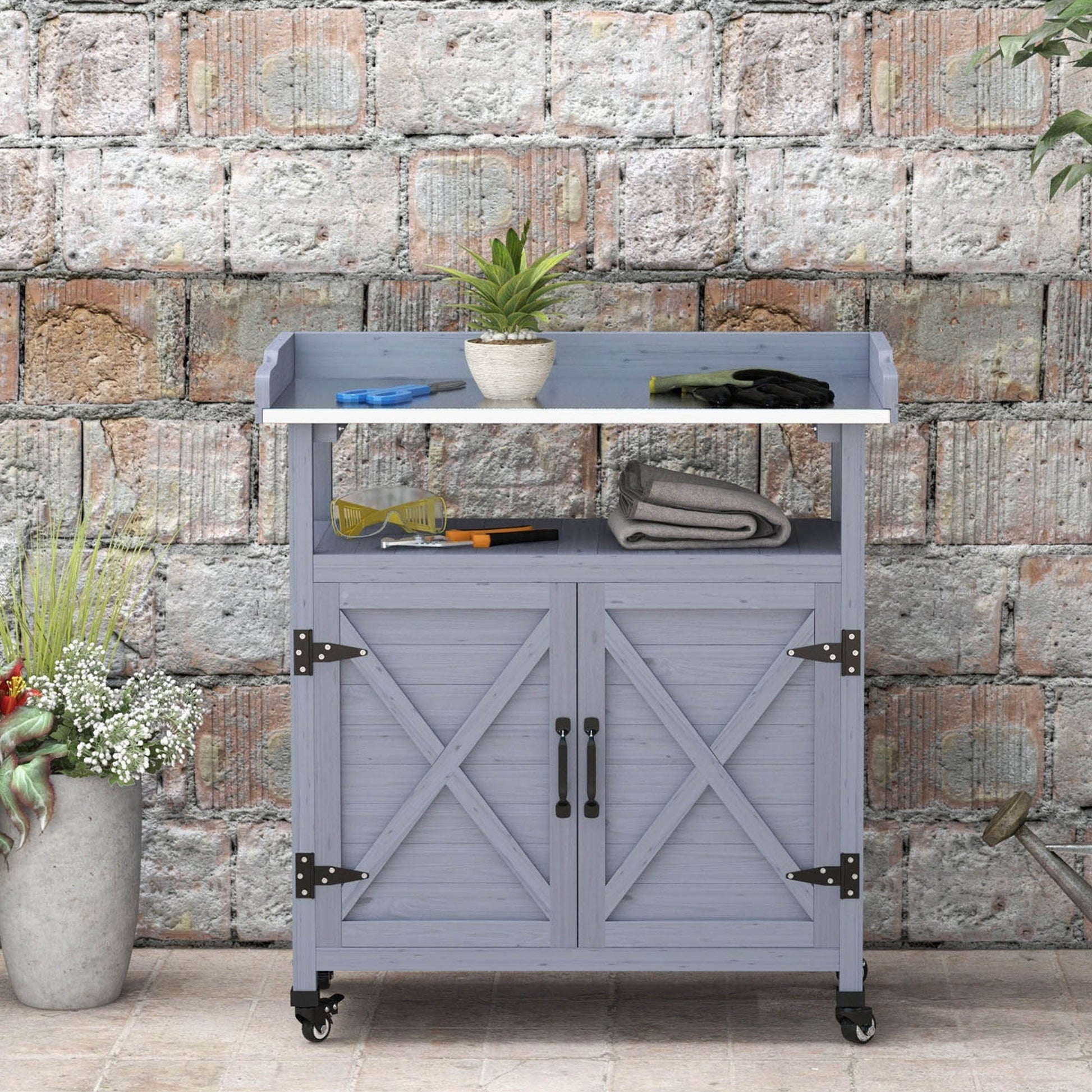 Outdoor Potting Bench, Wooden Potting Table with Storage Cabinet, Aluminum Table Top, Rubber Wheels for Backyard, Patio, Balcony, Grey