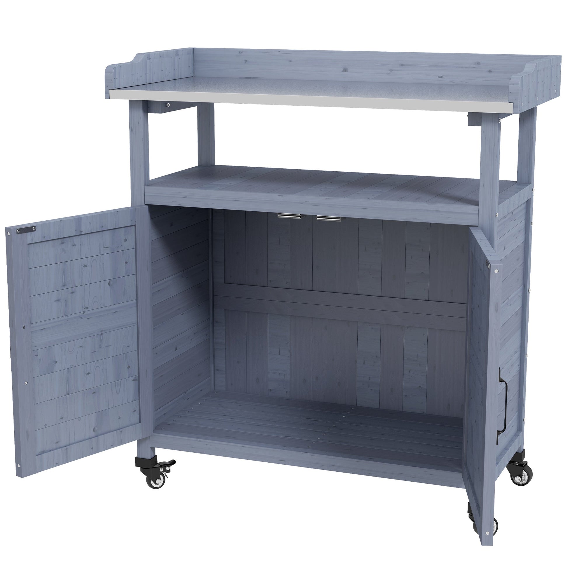 Outdoor Potting Bench, Wooden Potting Table with Storage Cabinet, Aluminum Table Top, Rubber Wheels for Backyard, Patio, Balcony, Grey