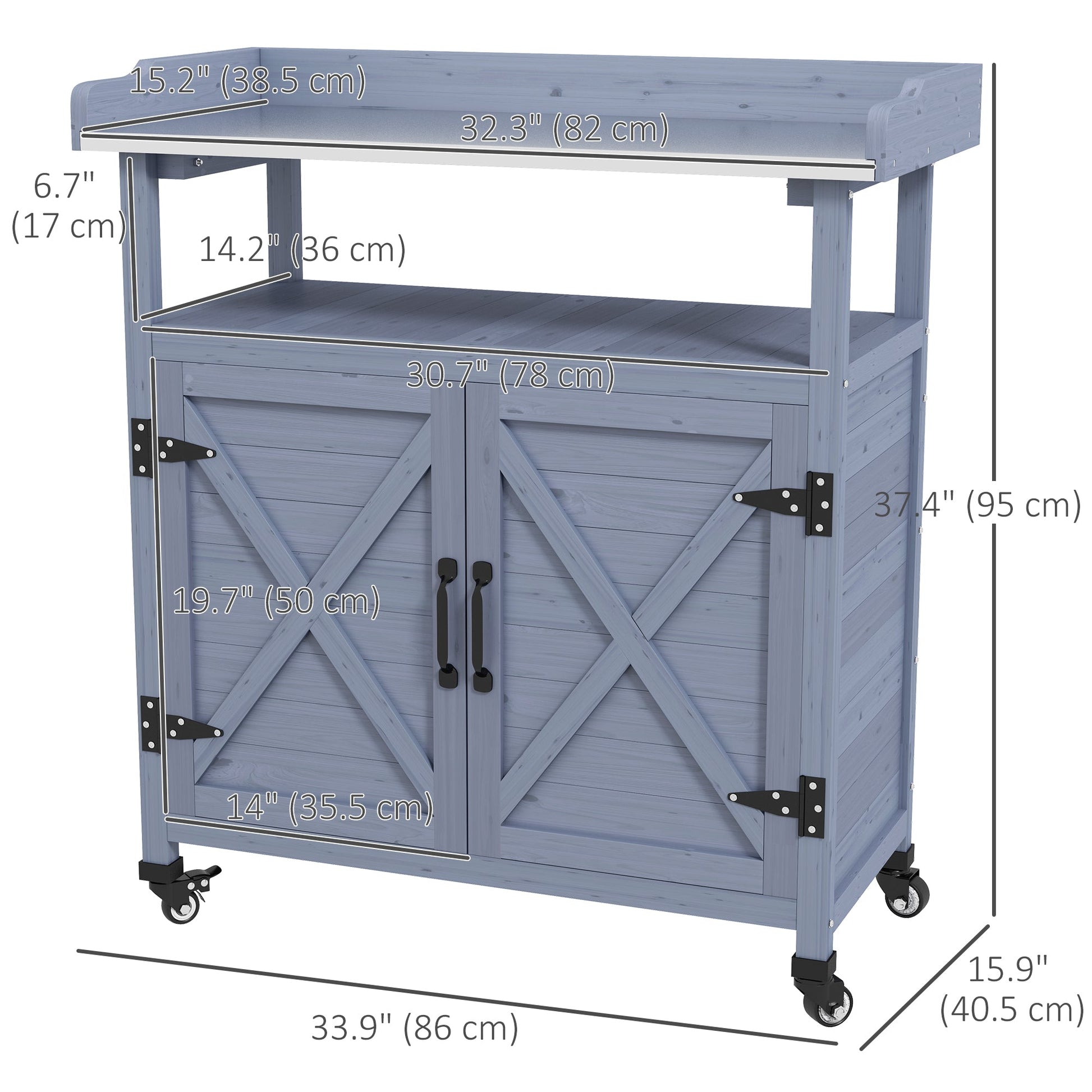 Outdoor Potting Bench, Wooden Potting Table with Storage Cabinet, Aluminum Table Top, Rubber Wheels for Backyard, Patio, Balcony, Grey