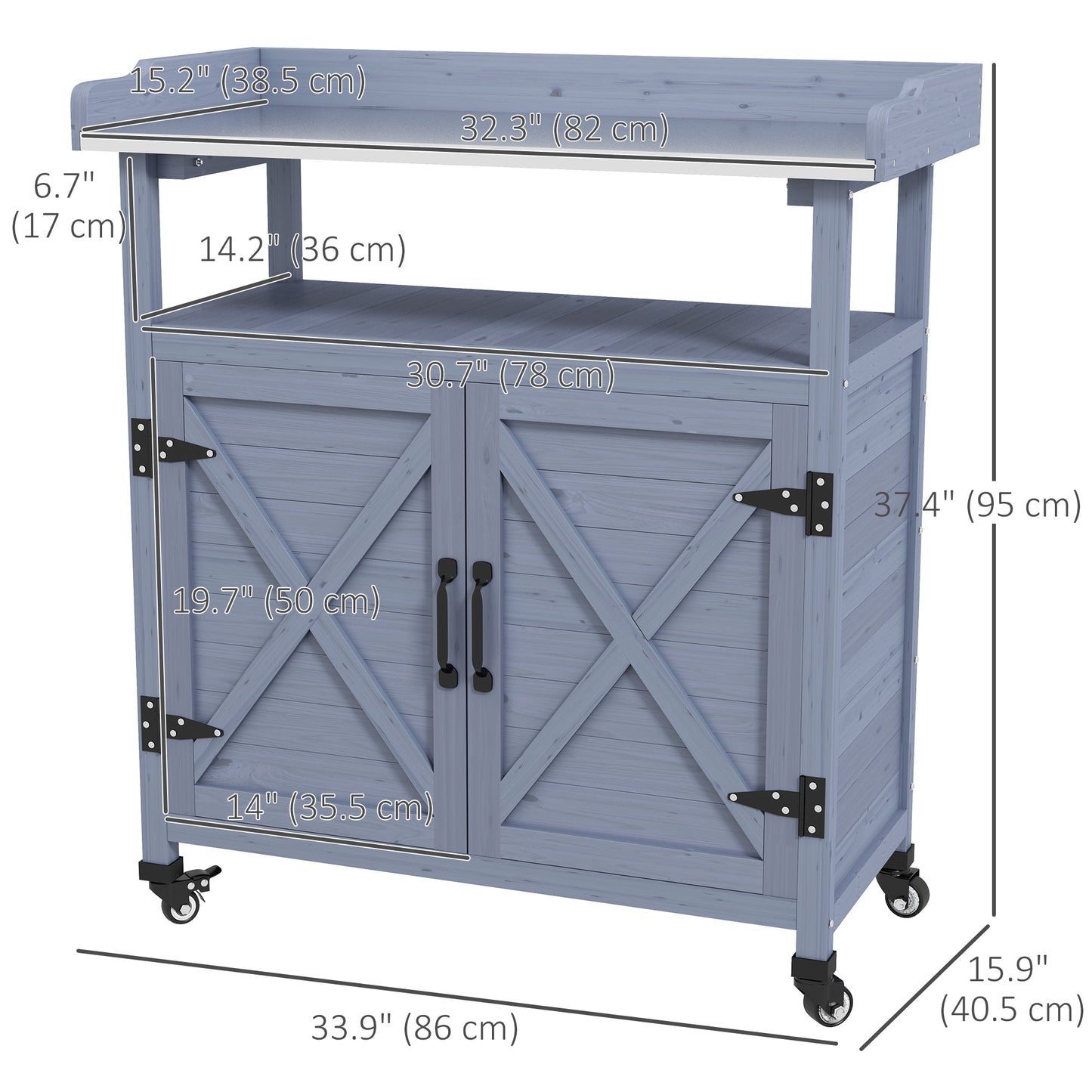 Outdoor Potting Bench, Wooden Potting Table with Storage Cabinet, Aluminum Table Top, Rubber Wheels for Backyard, Patio, Balcony, Grey