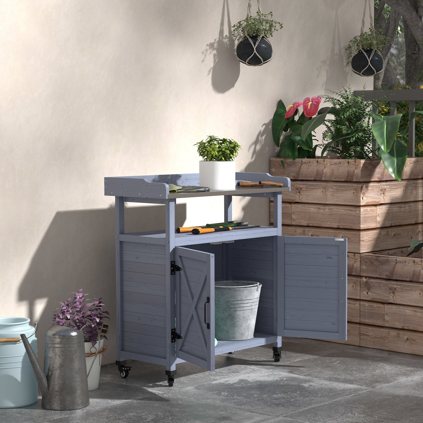 Outdoor Potting Bench, Wooden Potting Table with Storage Cabinet, Aluminum Table Top, Rubber Wheels for Backyard, Patio, Balcony, Grey