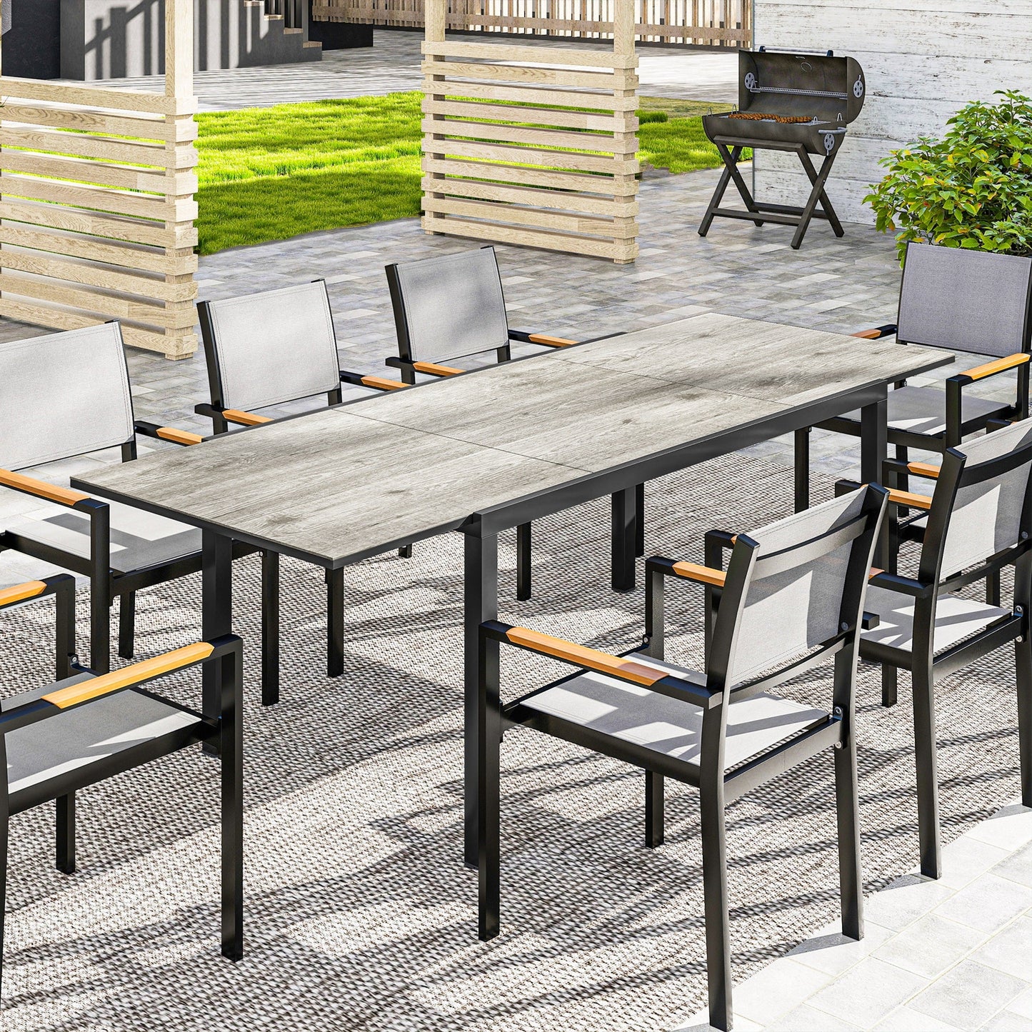 Extendable Patio Dining Table, 63"-94.5" Adjustable Outdoor Dining Table for 6-8 Person, Rectangular Table with Aluminium Edging, Steel Frame, for Porch, Deck, Garden