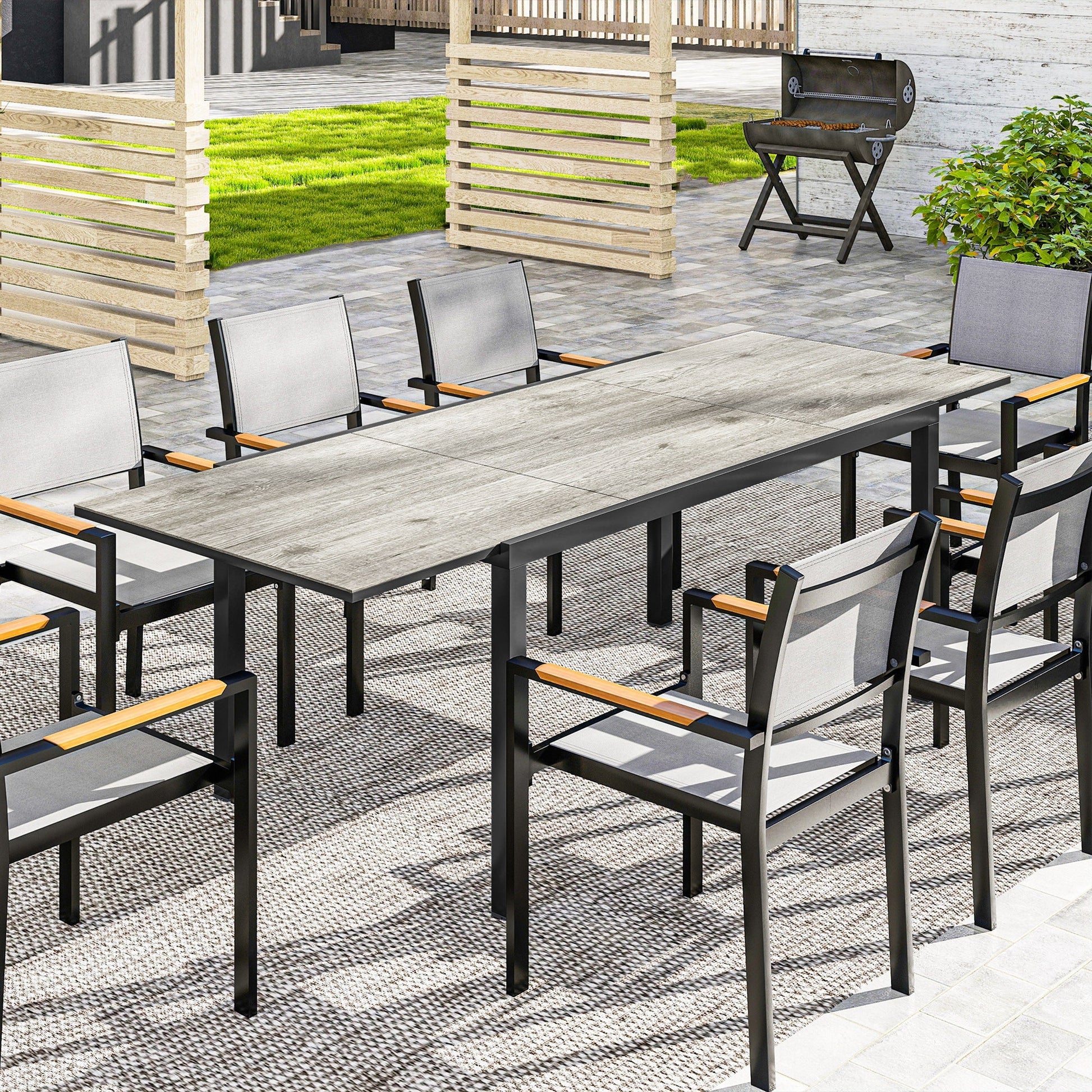 Extendable Patio Dining Table, 63"-94.5" Adjustable Outdoor Dining Table for 6-8 Person, Rectangular Table with Aluminium Edging, Steel Frame, for Porch, Deck, Garden