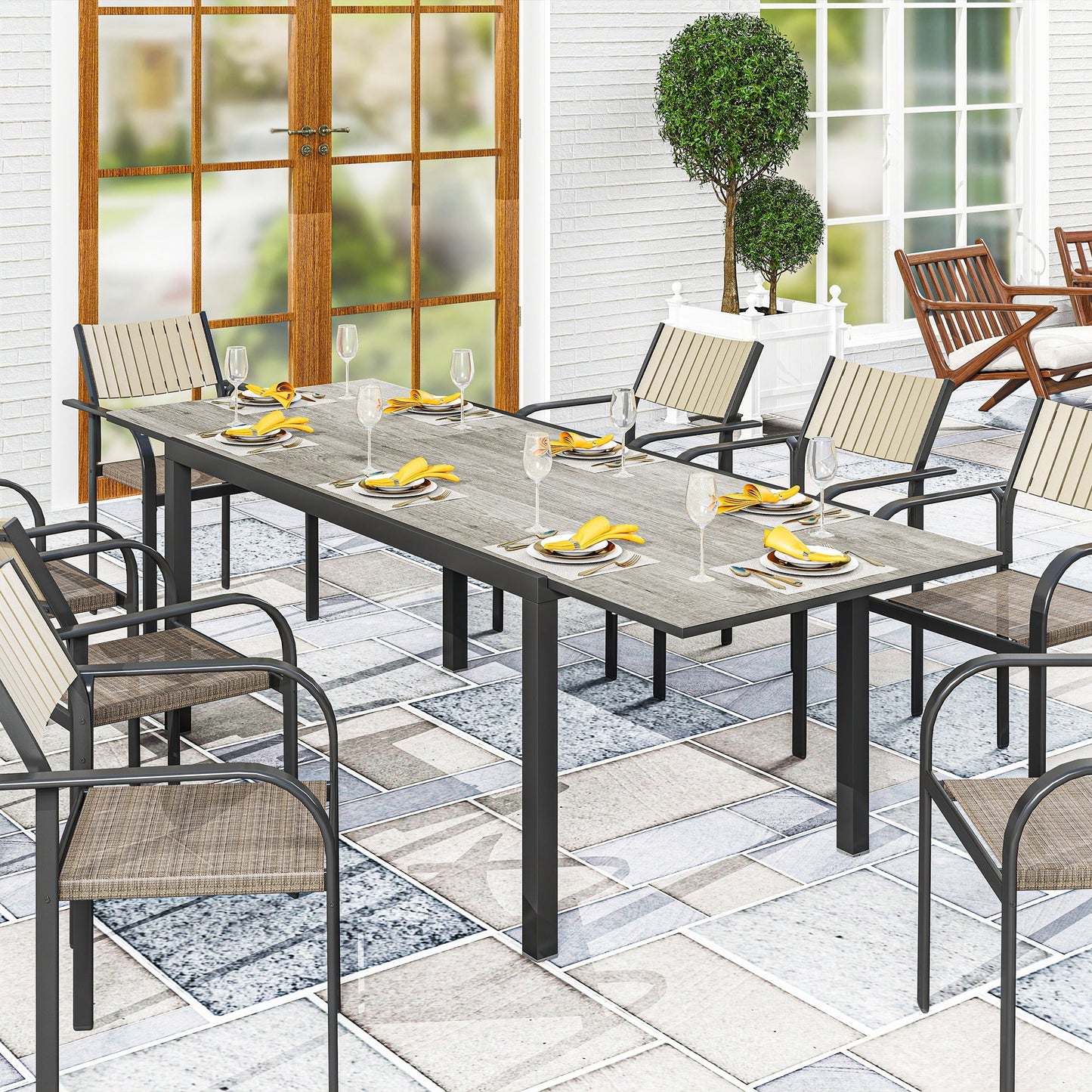 Extendable Patio Dining Table, 63"-94.5" Adjustable Outdoor Dining Table for 6-8 Person, Rectangular Table with Aluminium Edging, Steel Frame, for Porch, Deck, Garden