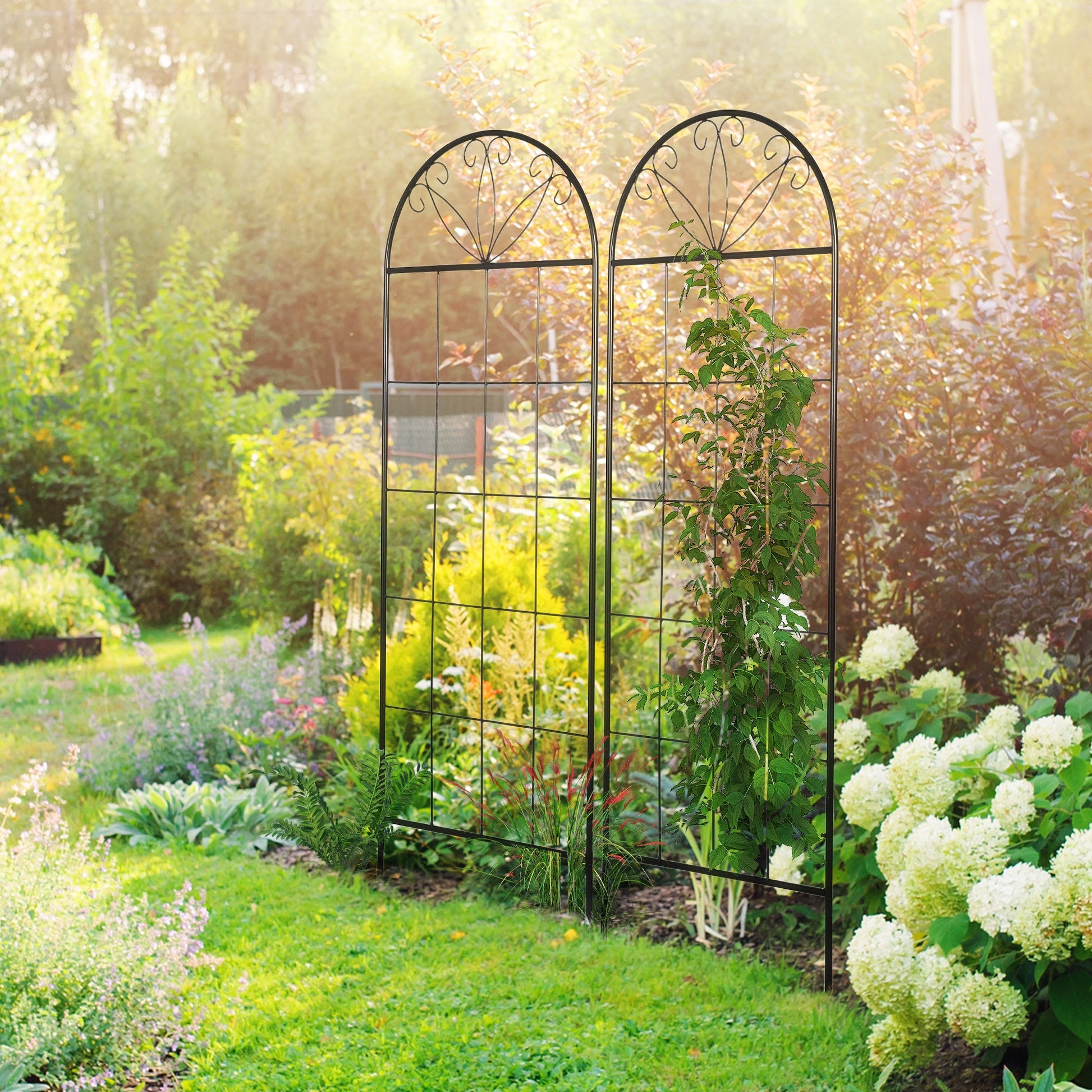 Metal Garden Trellis Pack of 2 for Climbing Plants, Arched Grid Trellis Panels, 20" x 60", Black