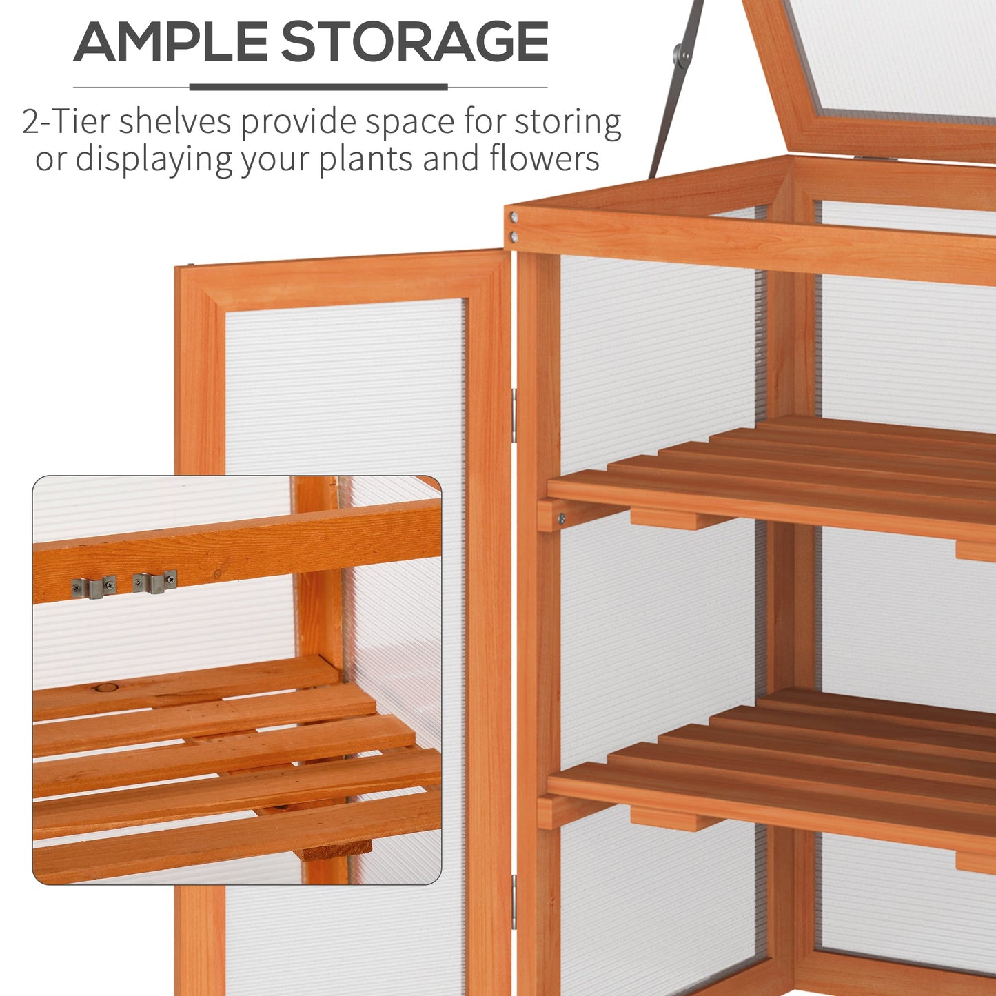 Wooden 2 Tier Cold Frame Greenhouse Polycarbonate Plant Grow House Portable Garden, Orange