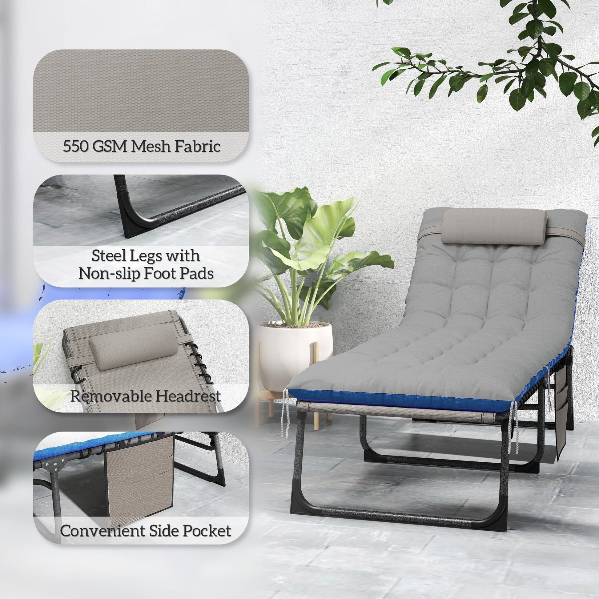 Folding Outdoor Lounge Chair Set of 2, 5-Position Reclining Patio Chaise Lounge Chairs, Tanning Chair with Cushion, Headrest, Side Pocket for Beach, Poolside, Brown/Blue