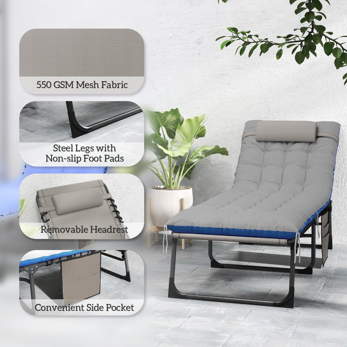 Folding Outdoor Lounge Chair Set of 2, 5-Position Reclining Patio Chaise Lounge Chairs, Tanning Chair with Cushion, Headrest, Side Pocket for Beach, Poolside, Brown/Blue