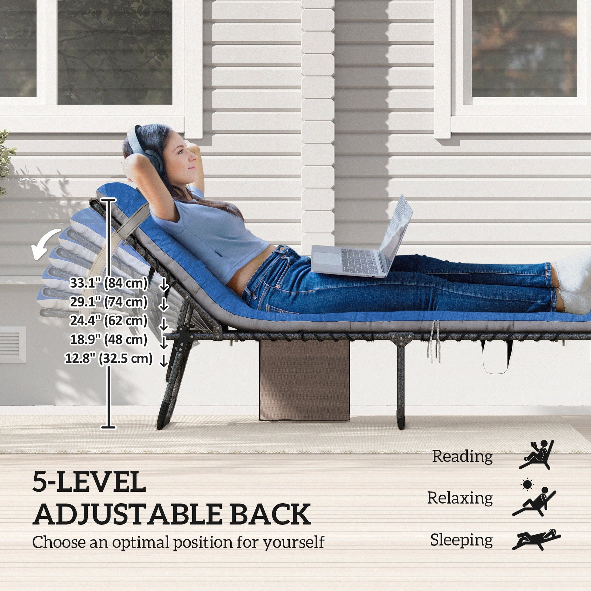 Folding Outdoor Lounge Chair Set of 2, 5-Position Reclining Patio Chaise Lounge Chairs, Tanning Chair with Cushion, Headrest, Side Pocket for Beach, Poolside, Brown/Blue
