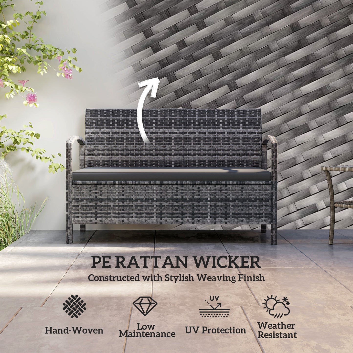 Wicker Outdoor Storage Bench, 33 Gallon PE Rattan Deck Box Seat, 2-Seater Patio Bench with Storage and Cushion for Garden Tools, Balcony, Backyard, Pool, Grey